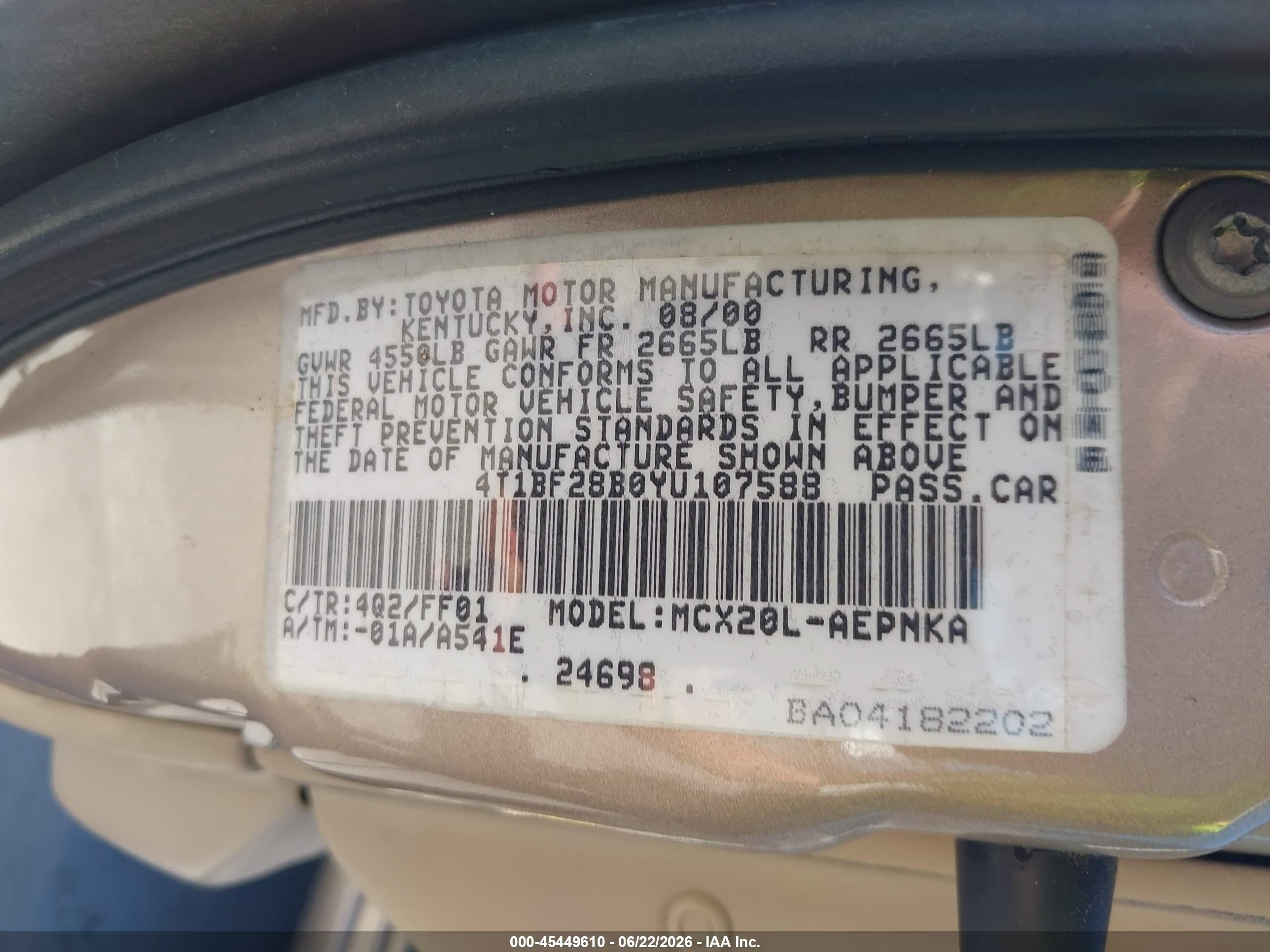 2000 Toyota Avalon Xl Gold vin: 4T1BF28B0YU107588