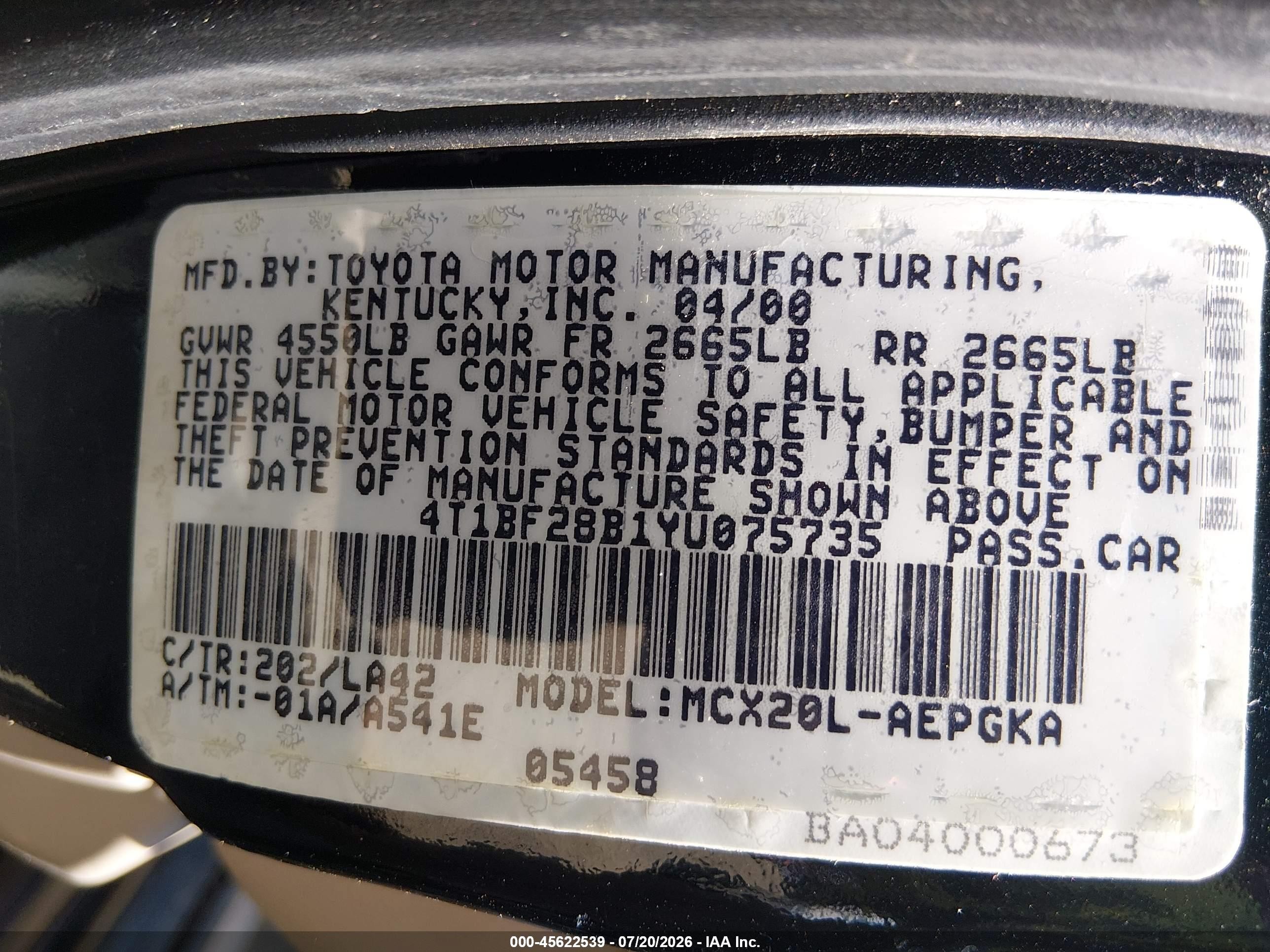 2000 Toyota Avalon Xls Black vin: 4T1BF28B1YU075735