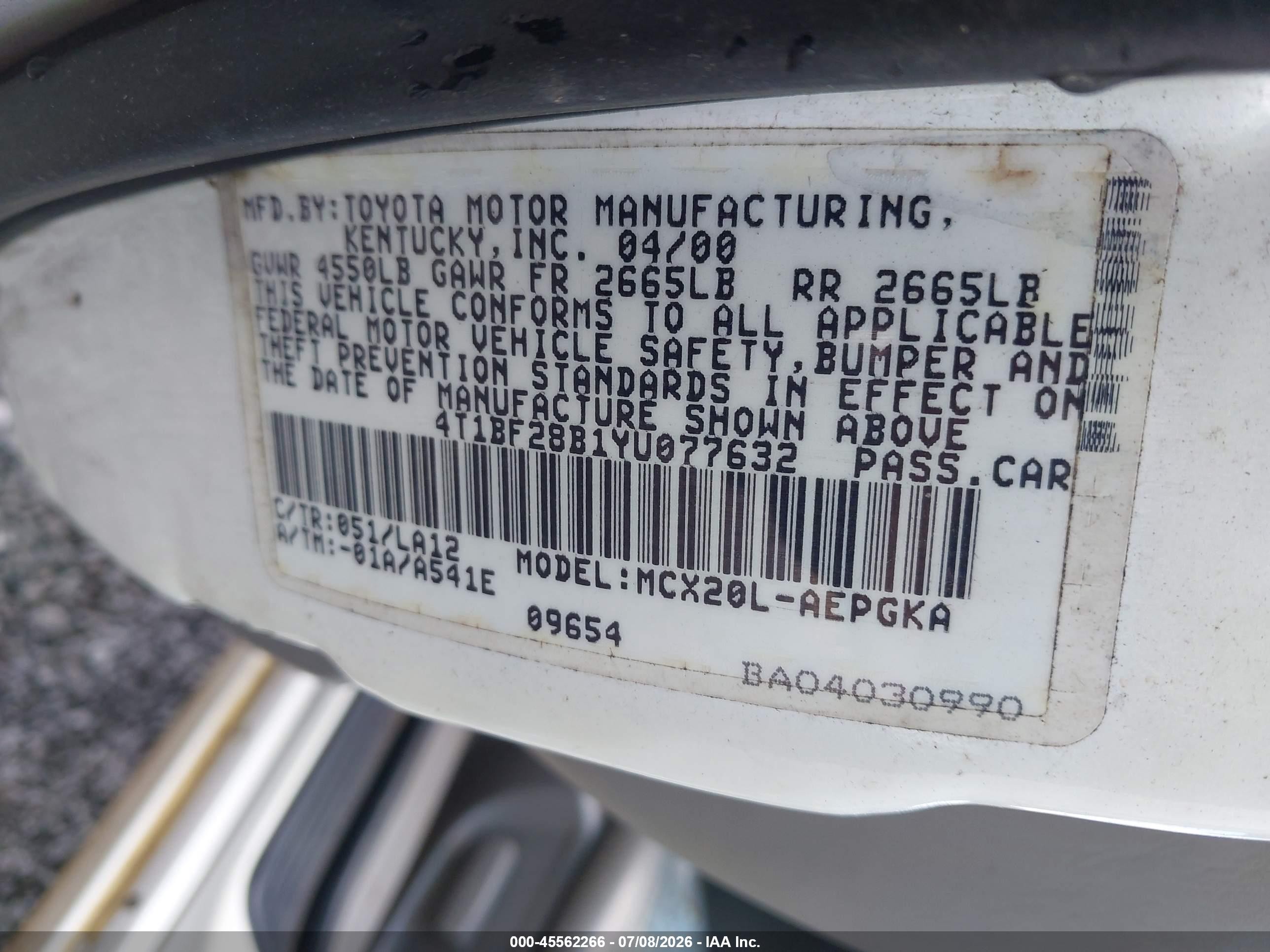 2000 Toyota Avalon Xls White vin: 4T1BF28B1YU077632