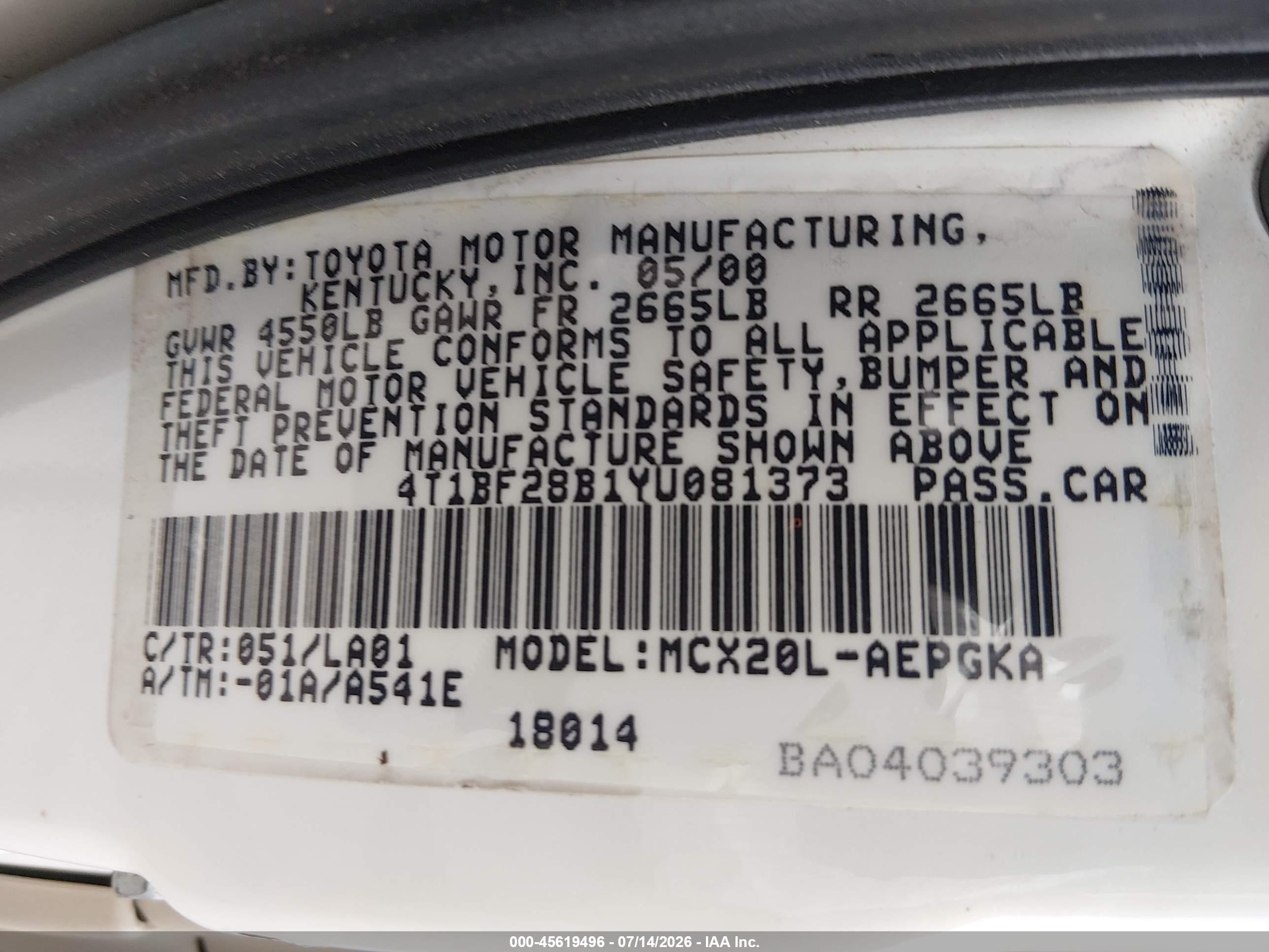 2000 Toyota Avalon Xls White vin: 4T1BF28B1YU081373