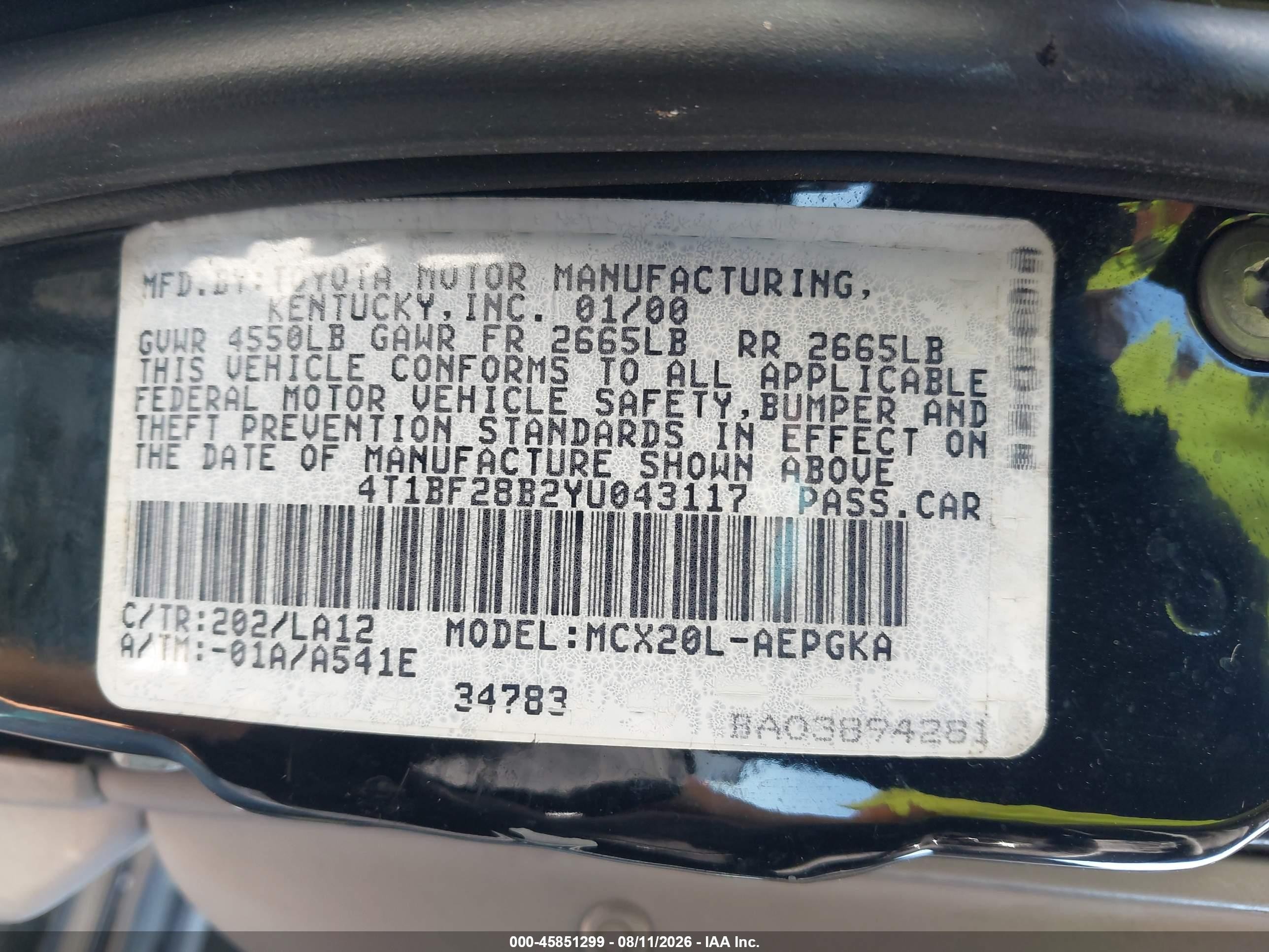 2000 Toyota Avalon Xls Black vin: 4T1BF28B2YU043117