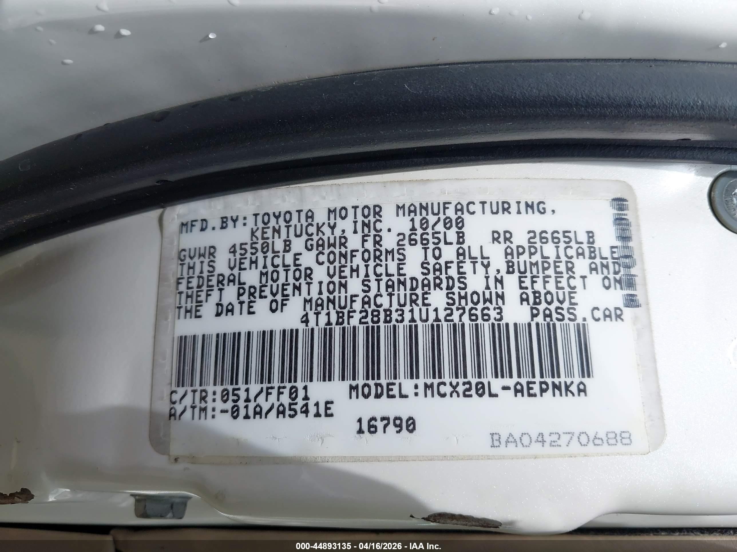 2001 Toyota Avalon Xl White vin: 4T1BF28B31U127663