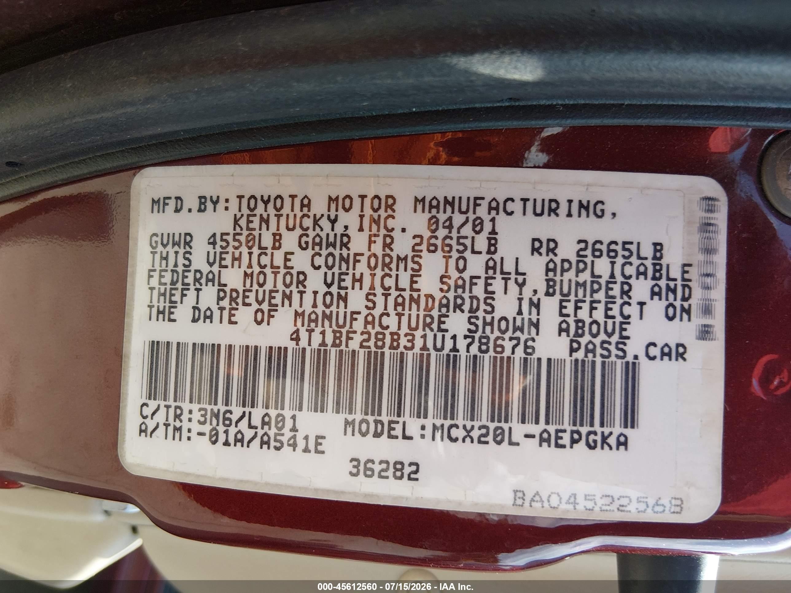 2001 Toyota Avalon Xls Maroon vin: 4T1BF28B31U178676
