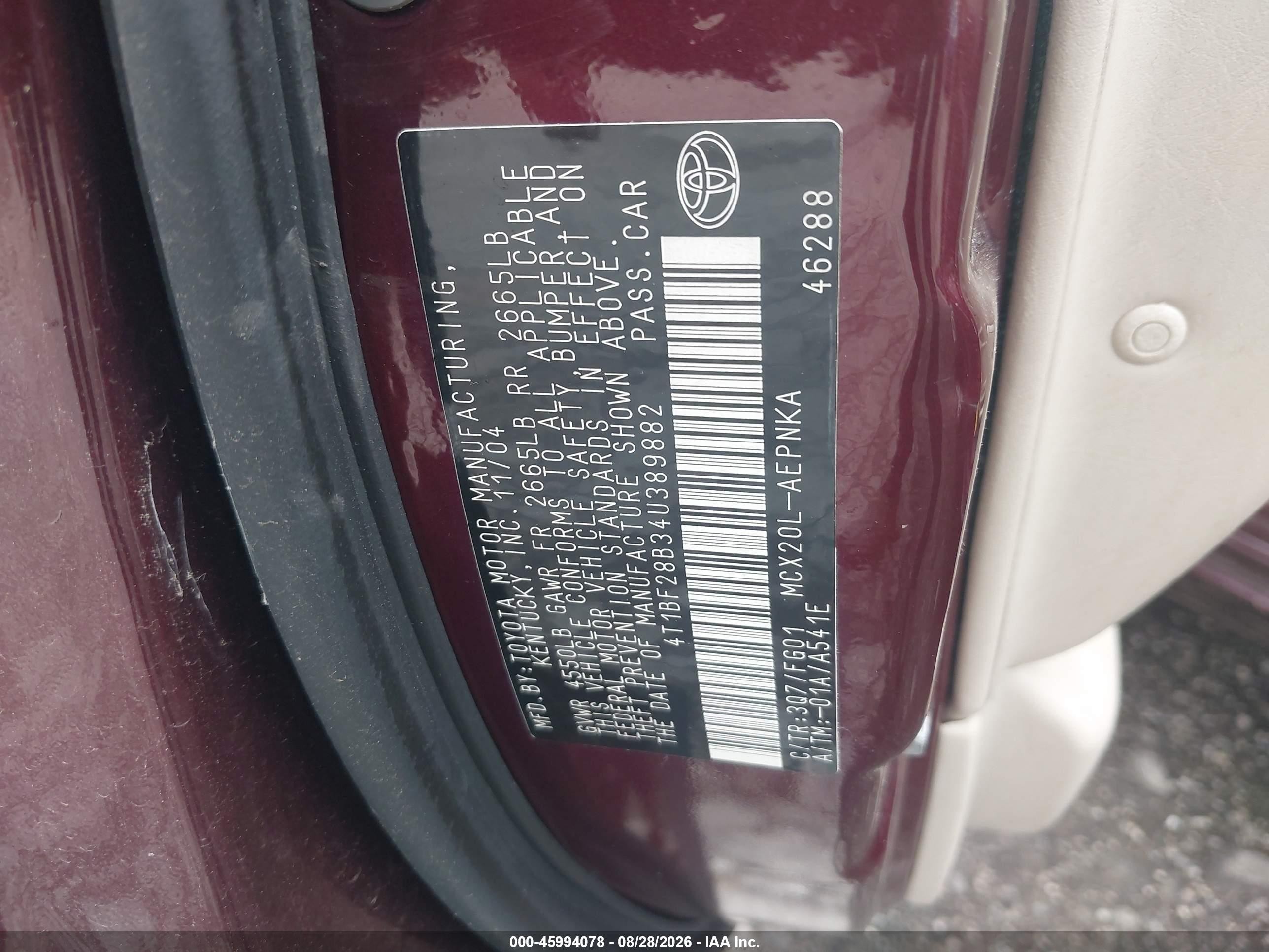 2004 Toyota Avalon Xl Burgundy vin: 4T1BF28B34U389882