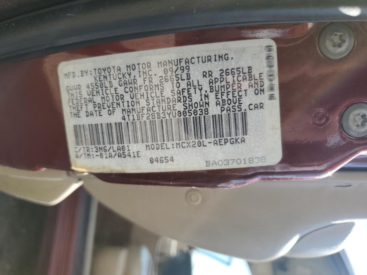 2000 Toyota Avalon Xl Maroon vin: 4T1BF28B3YU005038