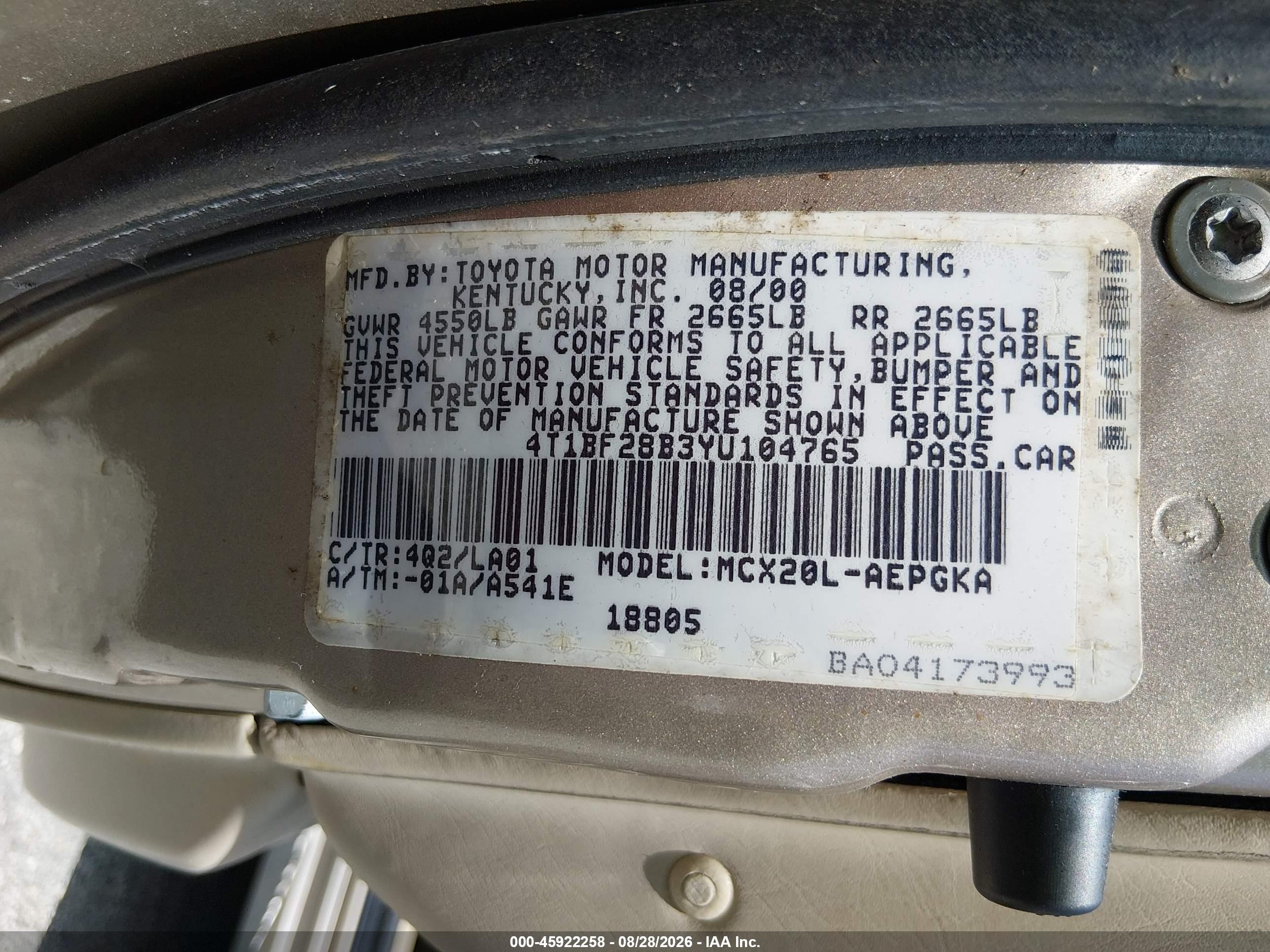 2000 Toyota Avalon Xl/xls Gold vin: 4T1BF28B3YU104765