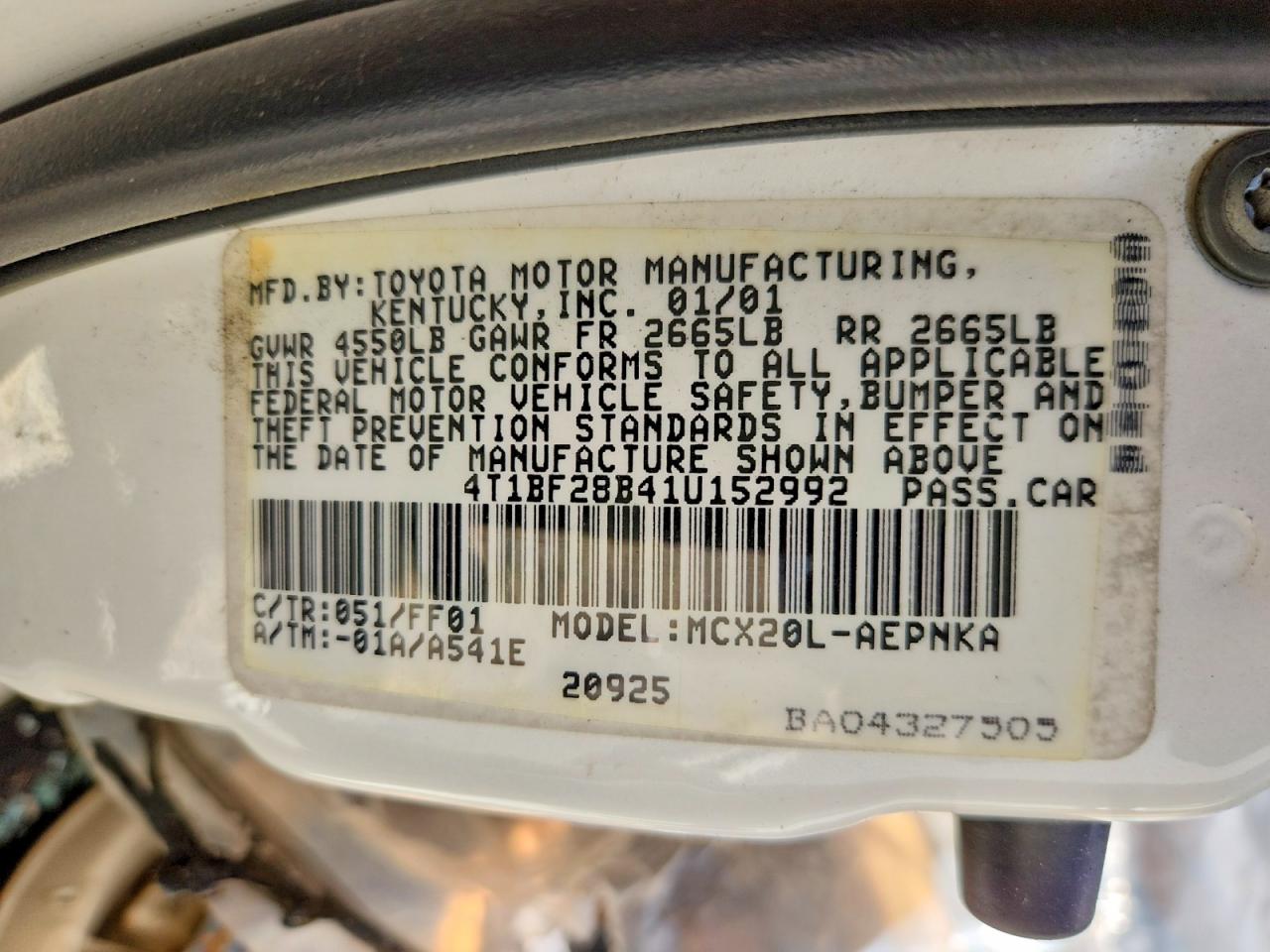 2001 Toyota Avalon Xl White vin: 4T1BF28B41U152992
