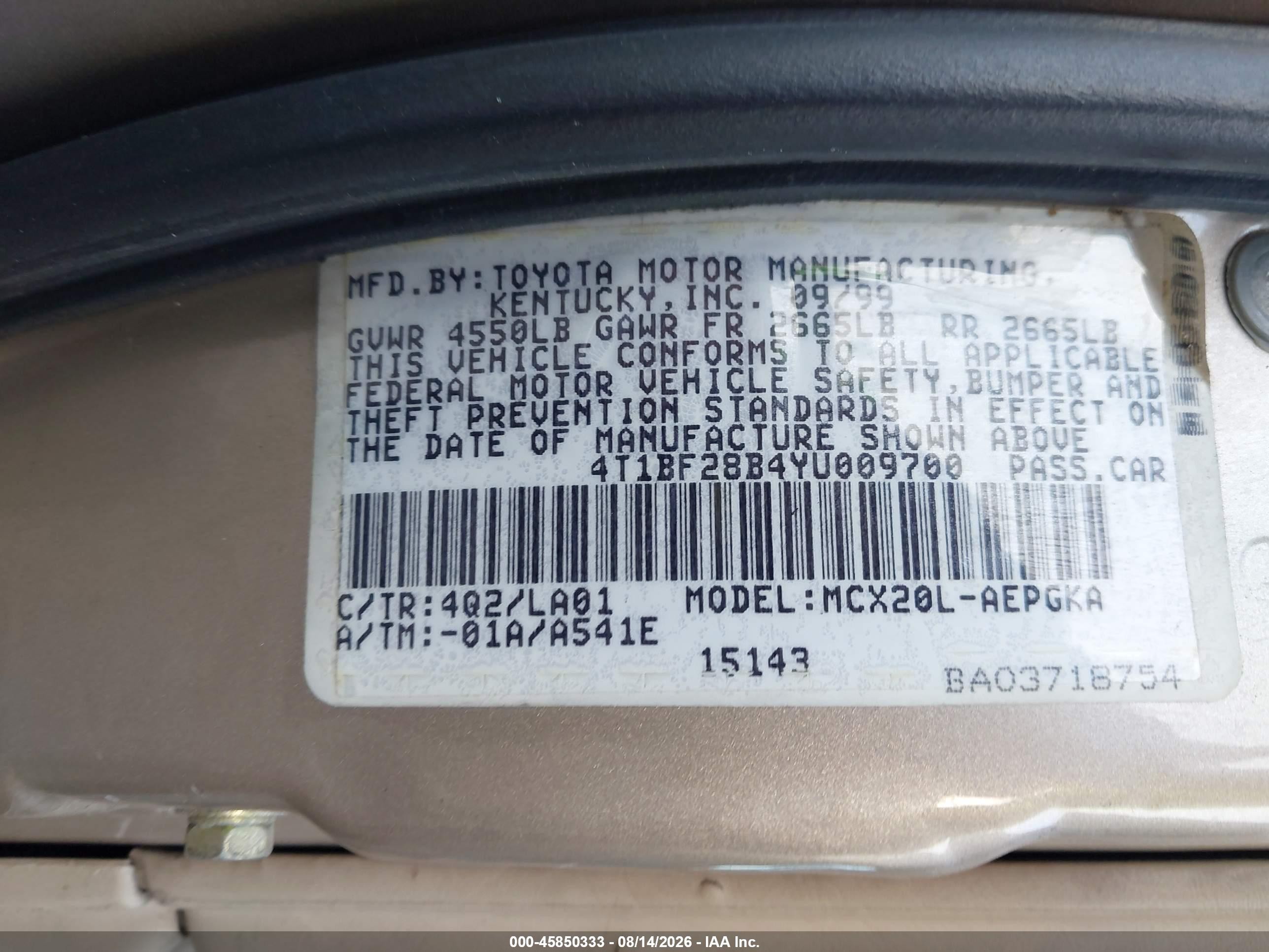 2000 Toyota Avalon Xls Gold vin: 4T1BF28B4YU009700