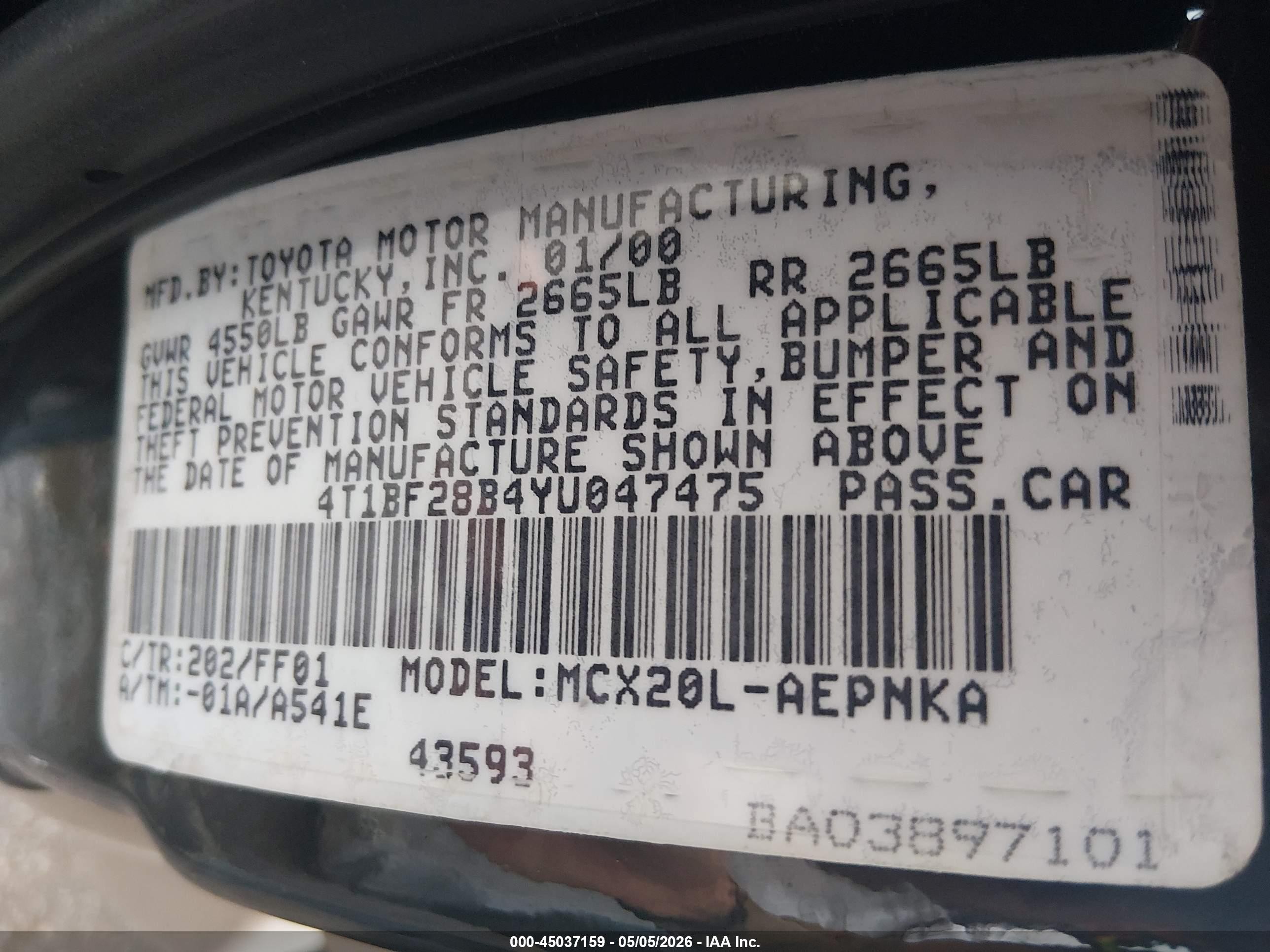 2000 Toyota Avalon Xl Black vin: 4T1BF28B4YU047475