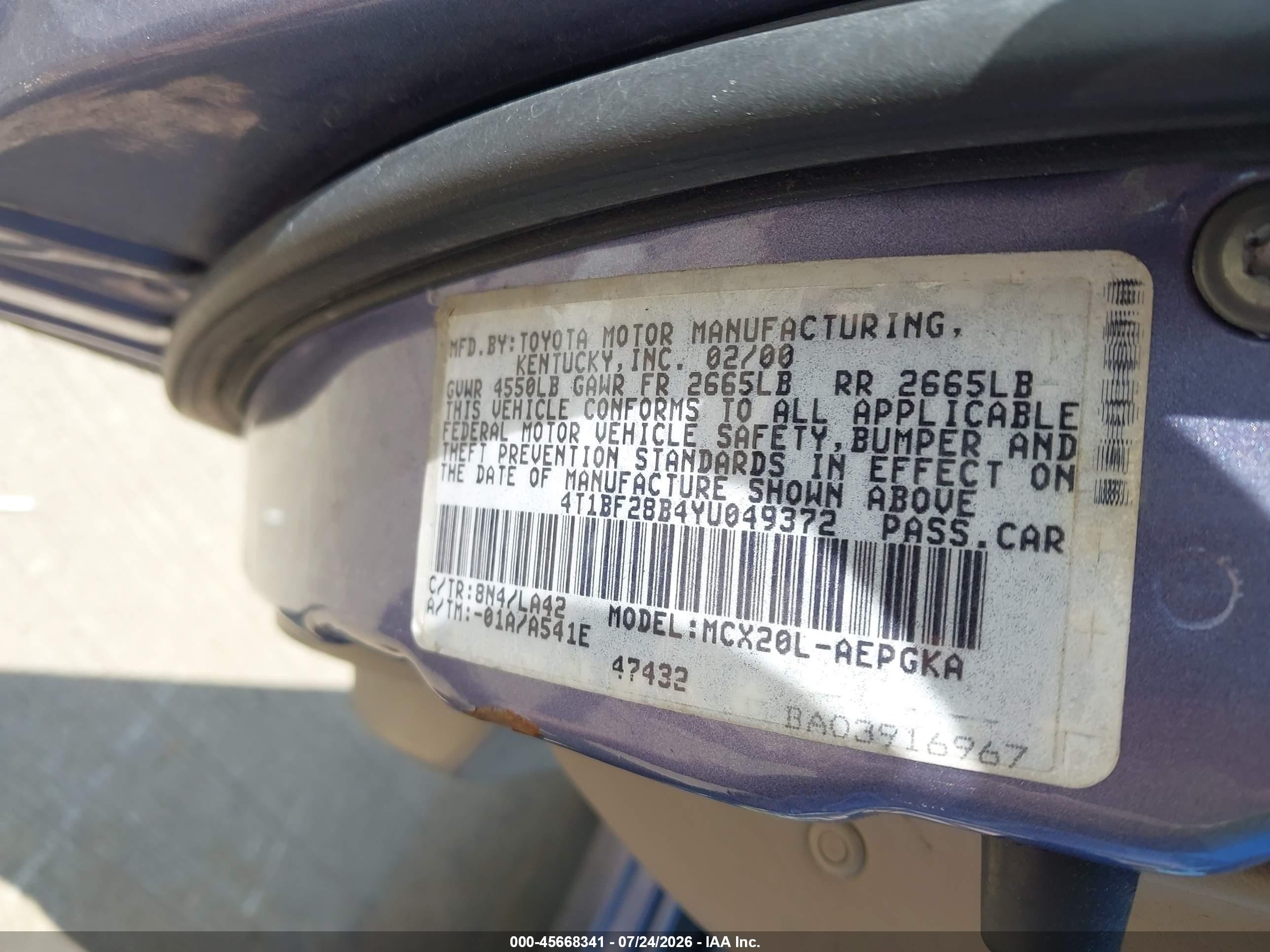 2000 Toyota Avalon Xls Light Blue vin: 4T1BF28B4YU049372