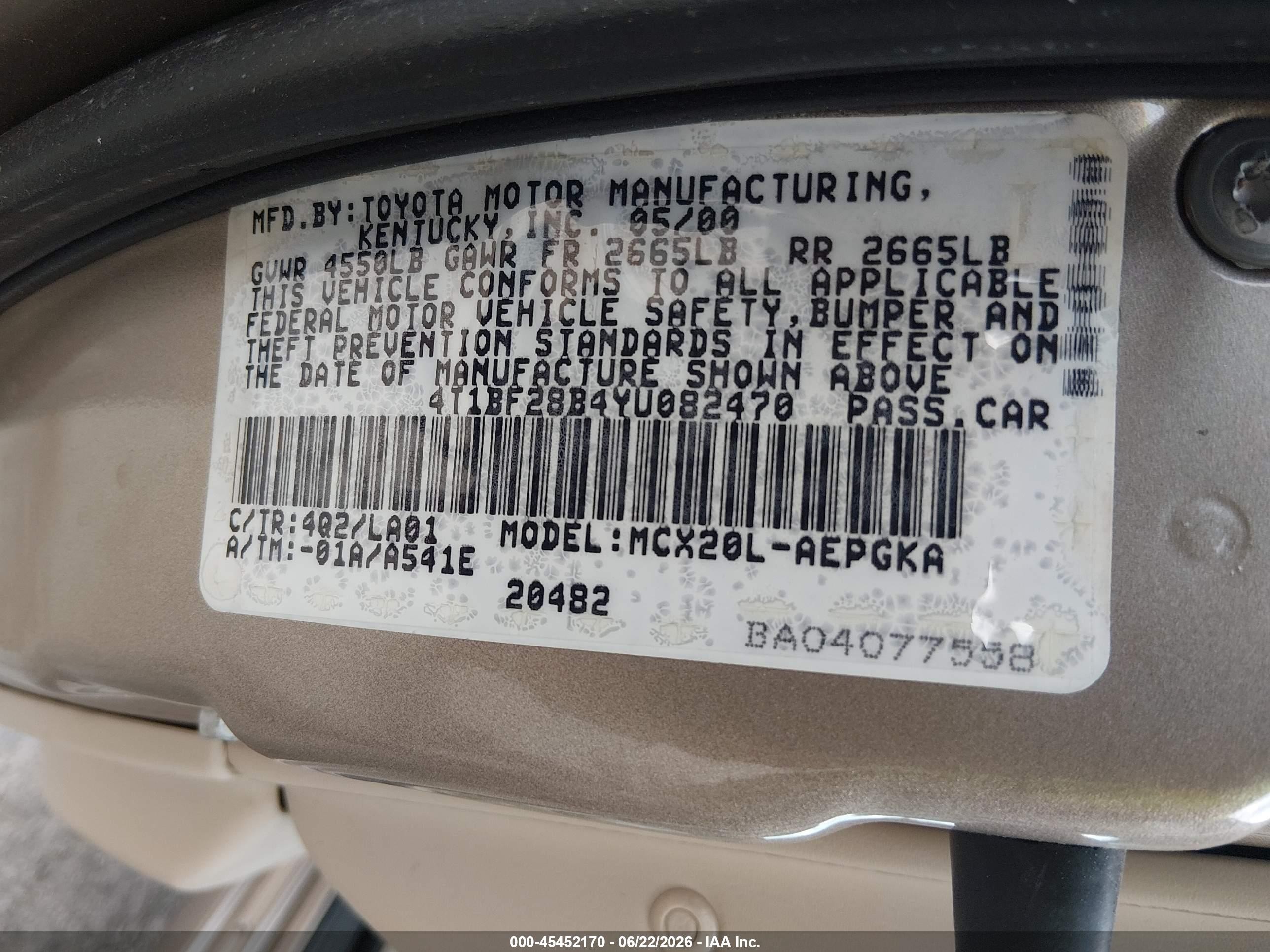2000 Toyota Avalon Xls Champagne vin: 4T1BF28B4YU082470