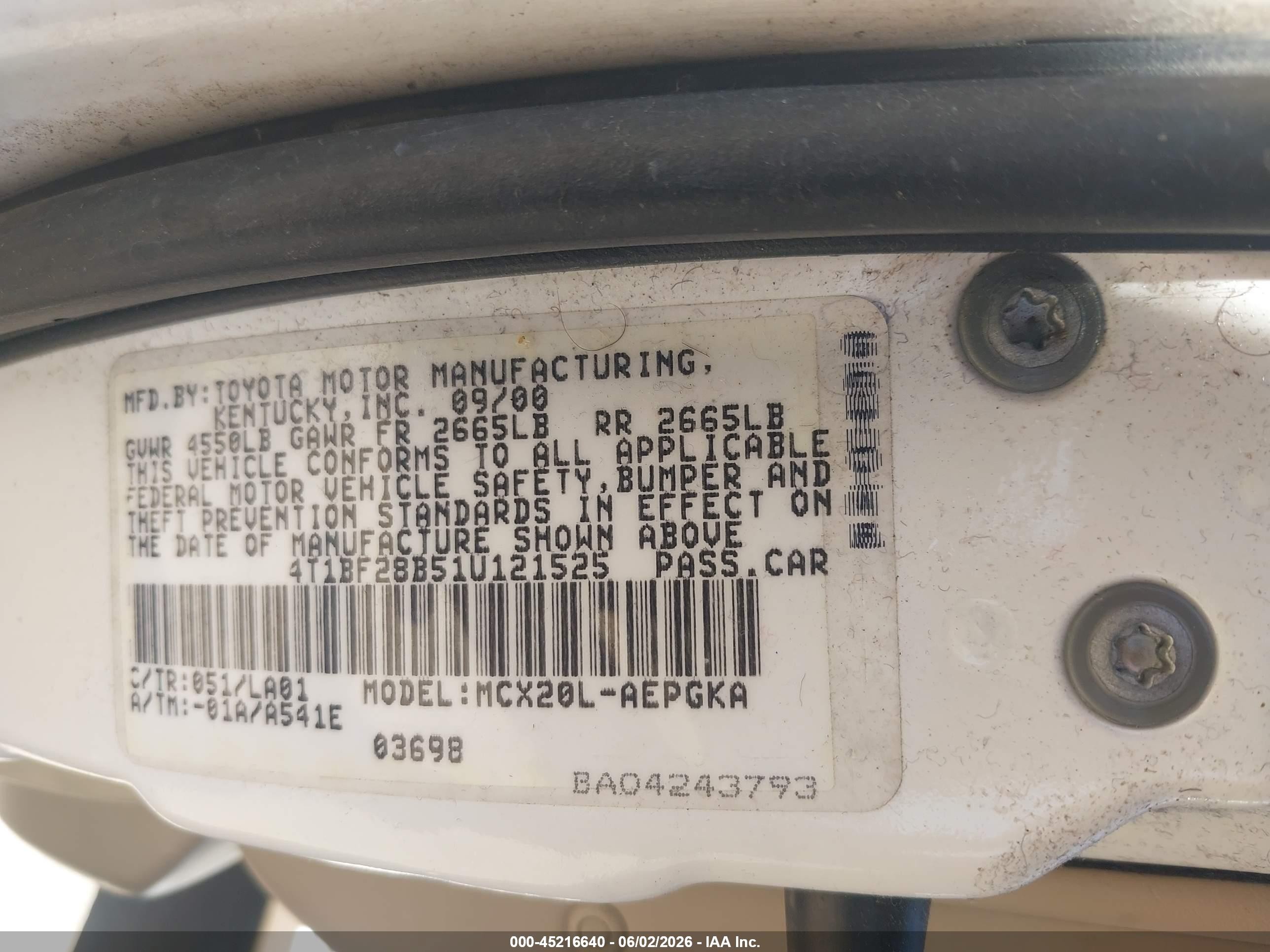 2001 Toyota Avalon Xls White vin: 4T1BF28B51U121525