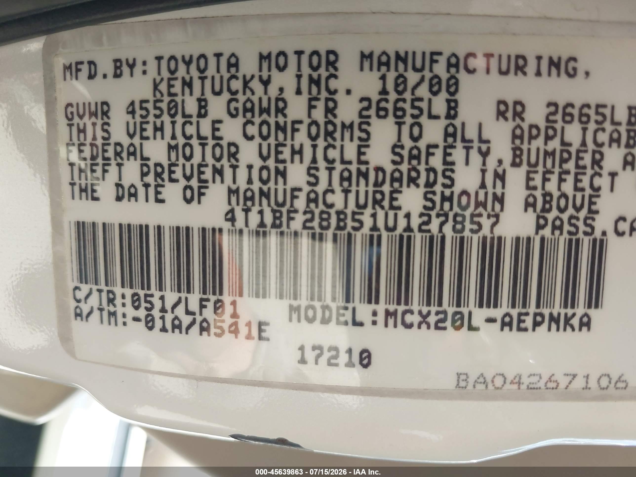 2001 Toyota Avalon Xl White vin: 4T1BF28B51U127857