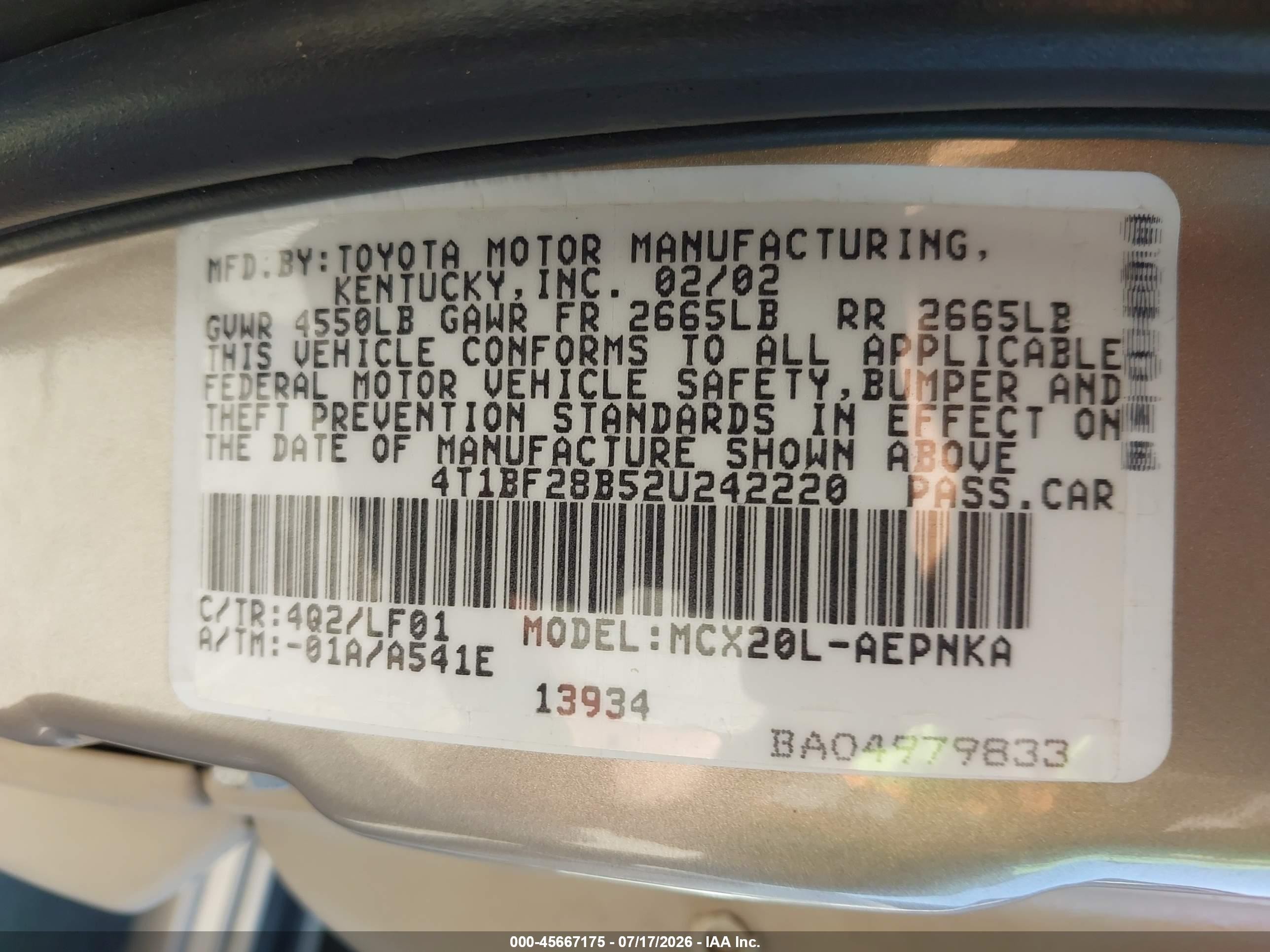 2002 Toyota Avalon Xl Бежевый vin: 4T1BF28B52U242220