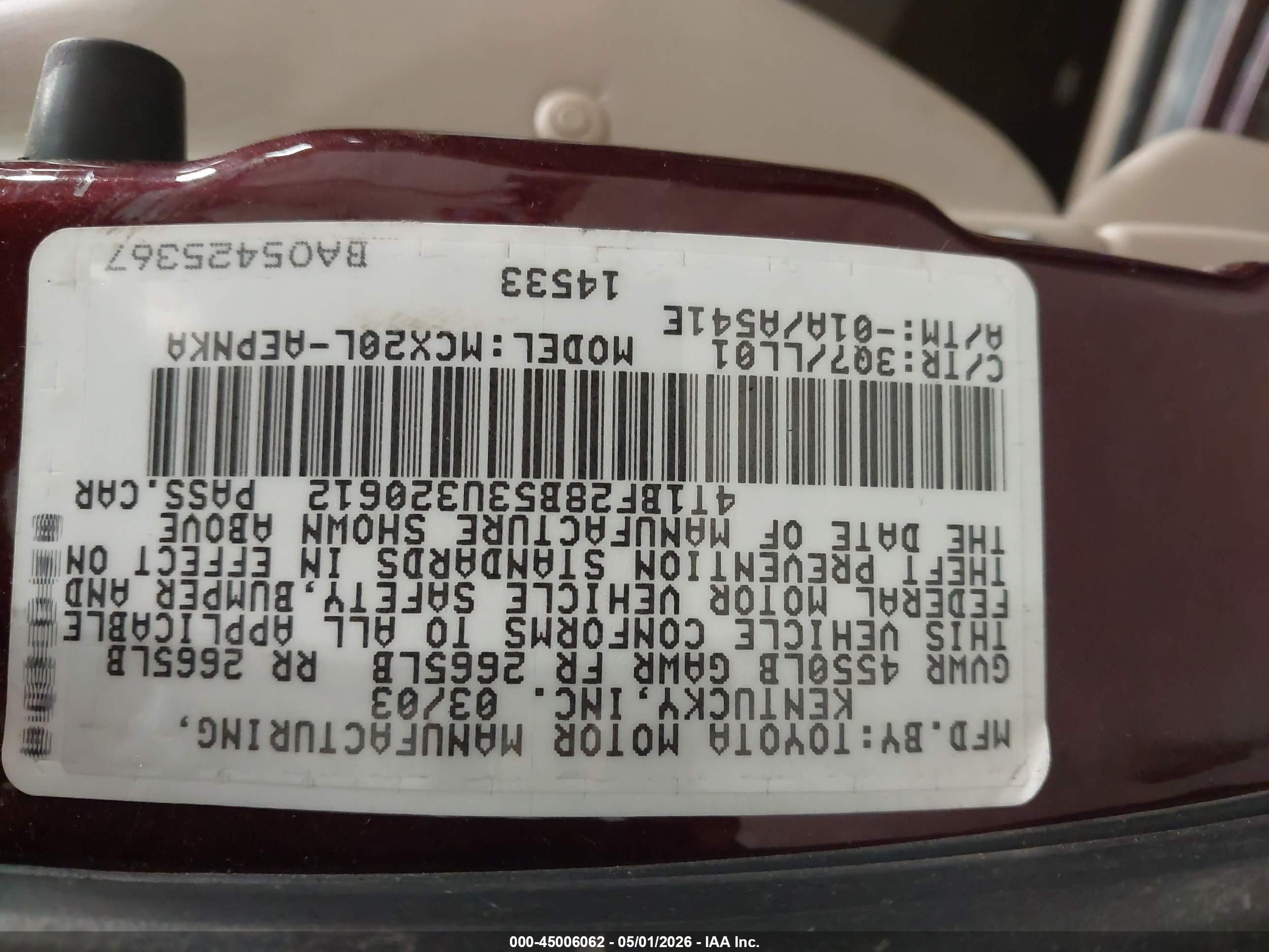 2003 Toyota Avalon Xl/xls Бордовый vin: 4T1BF28B53U320612