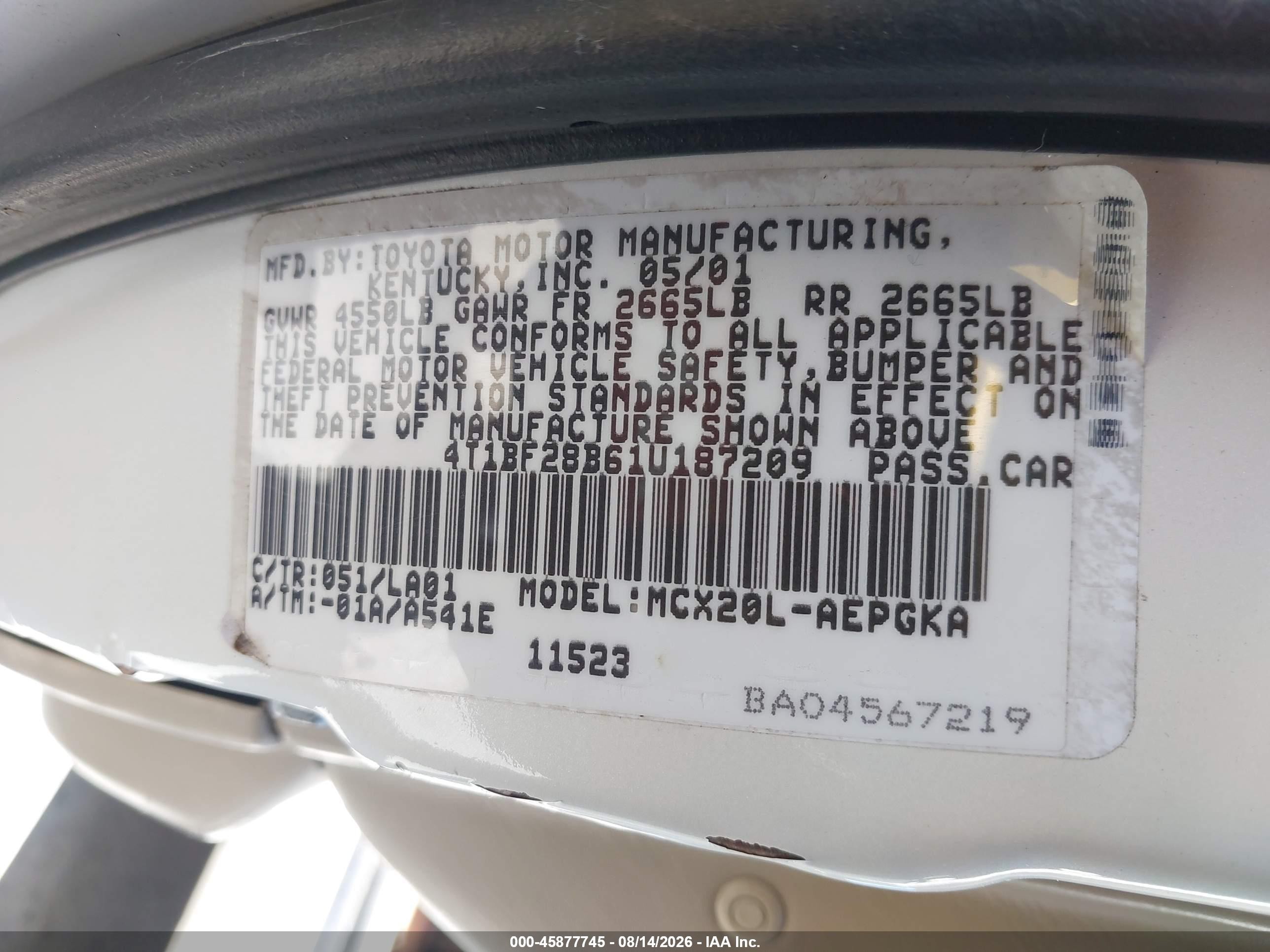 2001 Toyota Avalon Xls White vin: 4T1BF28B61U187209