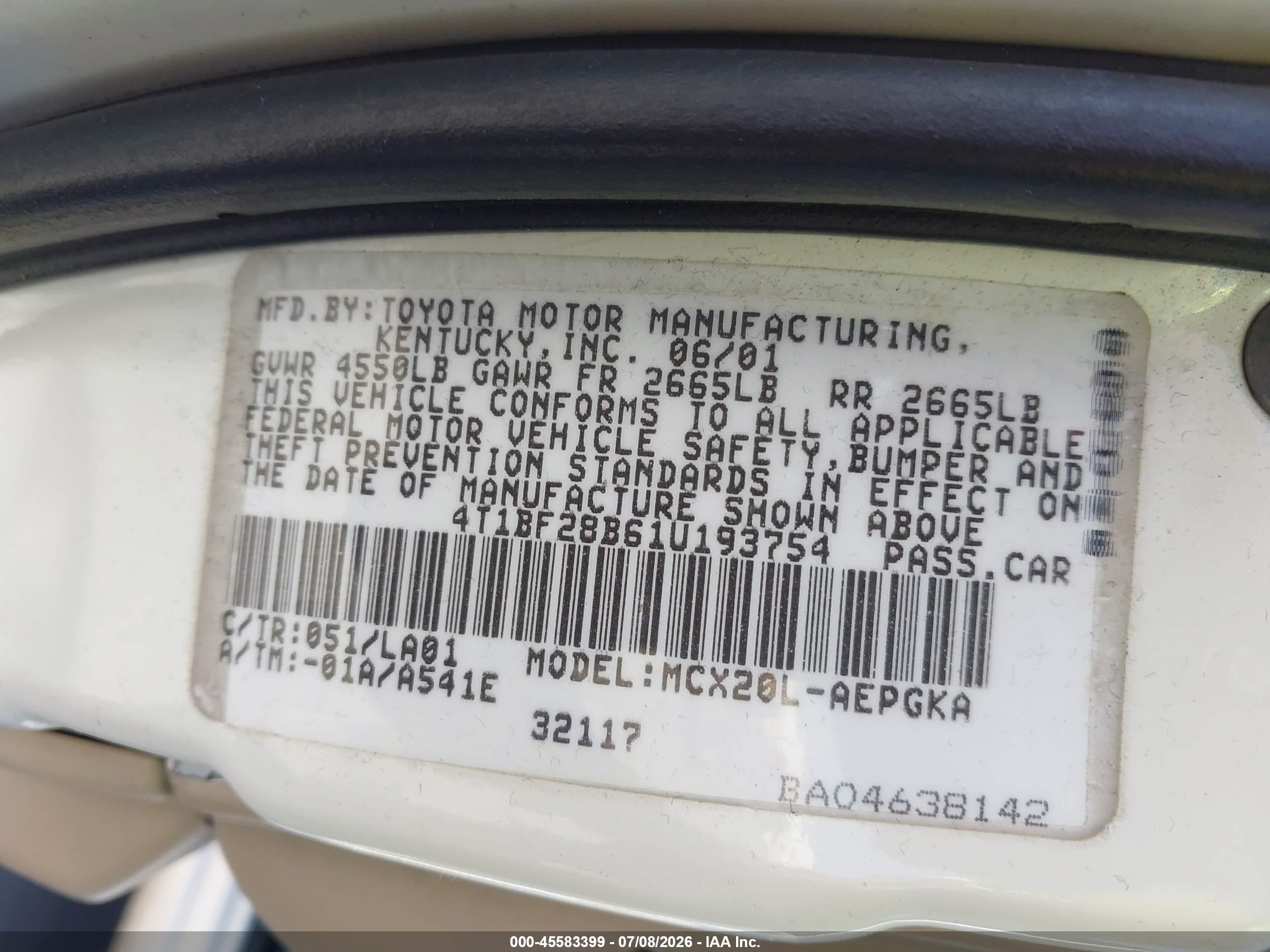 2001 Toyota Avalon Xls White vin: 4T1BF28B61U193754