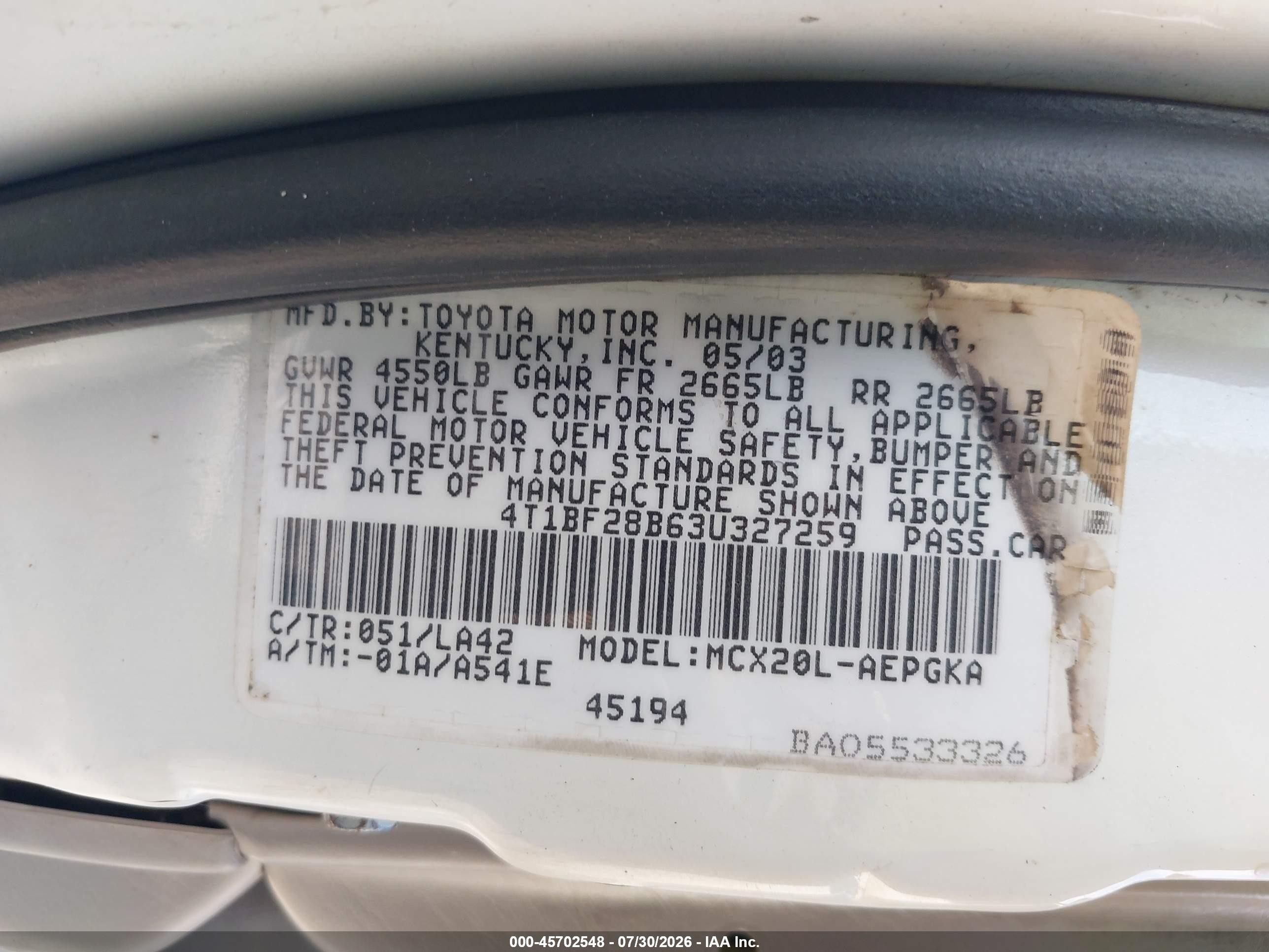 2003 Toyota Avalon Xls Белый vin: 4T1BF28B63U327259