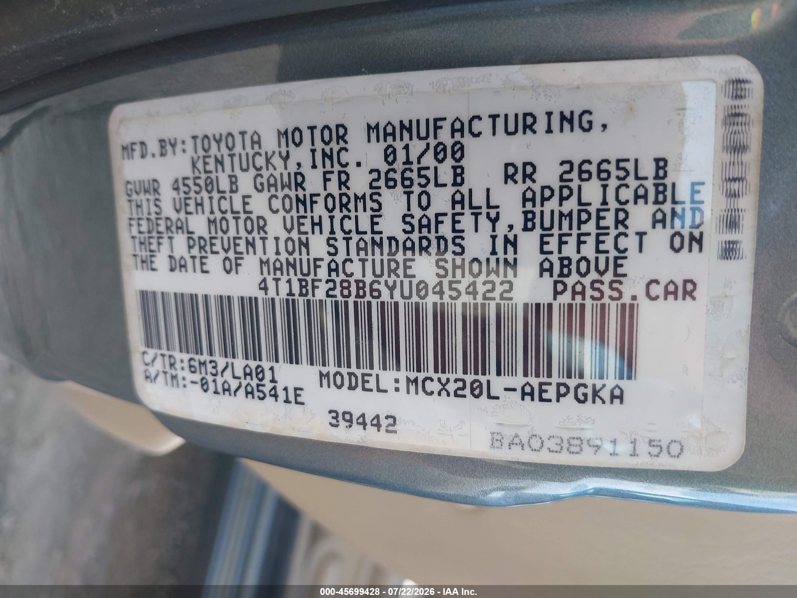 2000 Toyota Avalon Xls Green vin: 4T1BF28B6YU045422