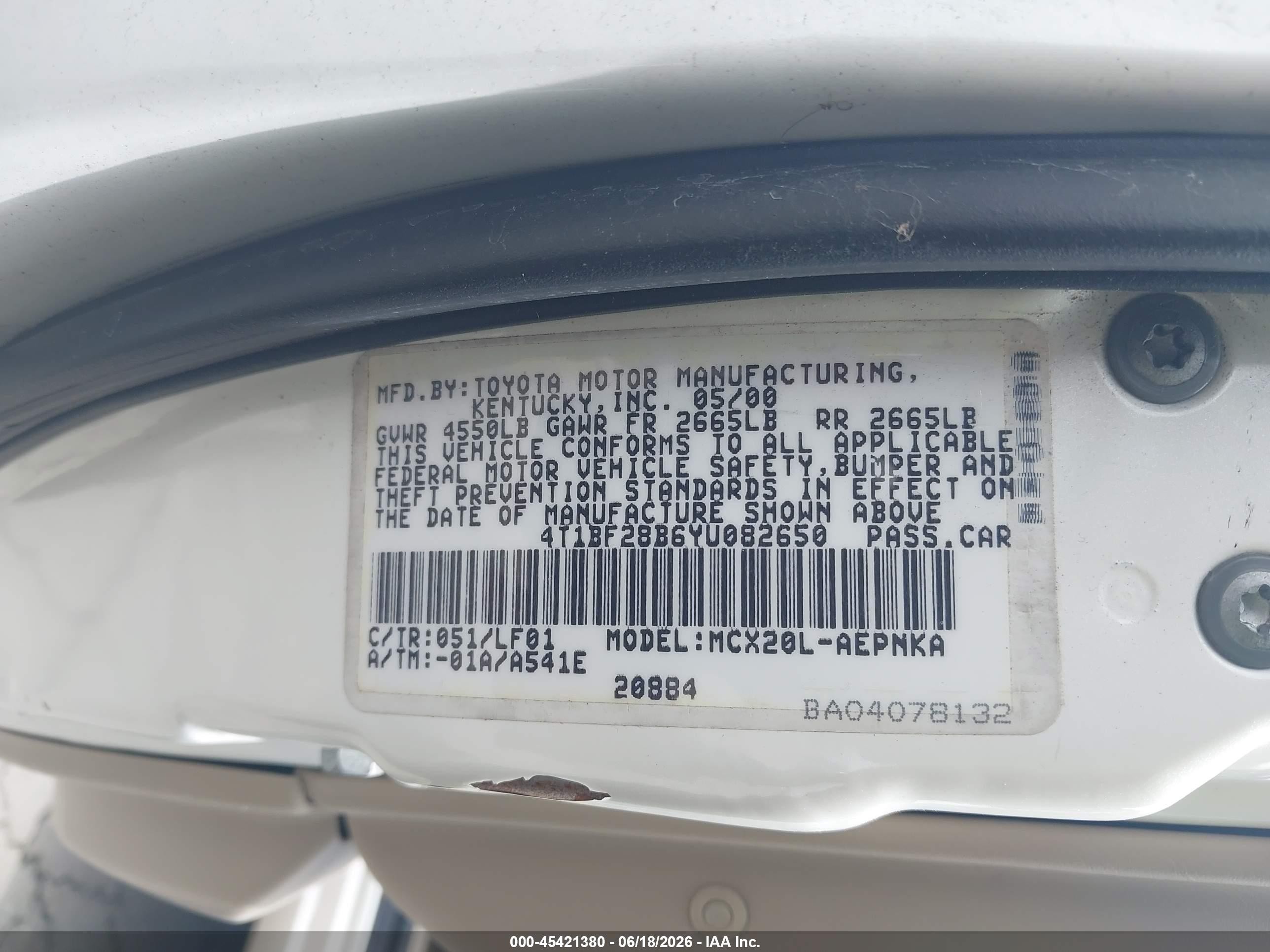 2000 Toyota Avalon Xl White vin: 4T1BF28B6YU082650