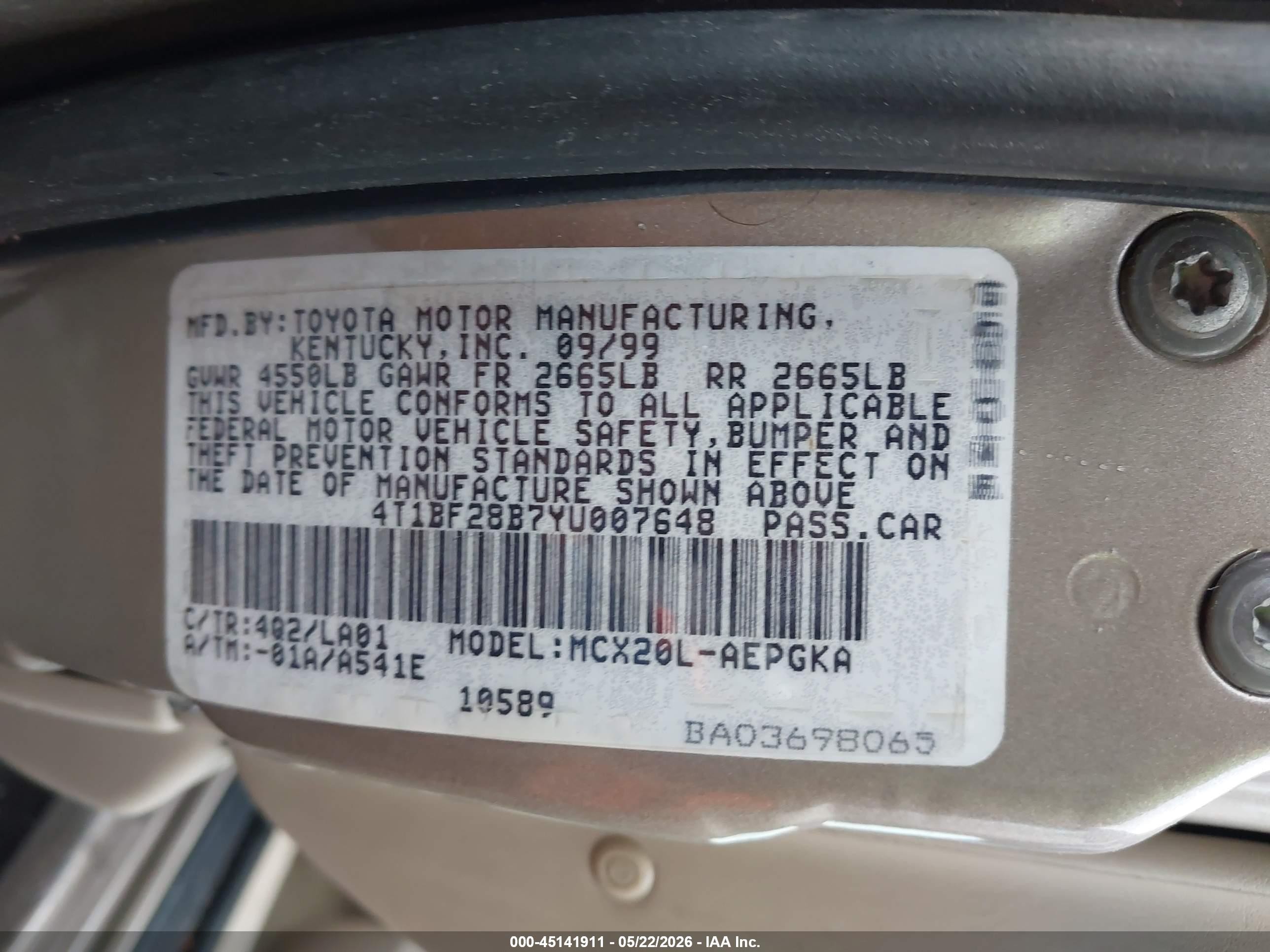 2000 Toyota Avalon Xls Gold vin: 4T1BF28B7YU007648