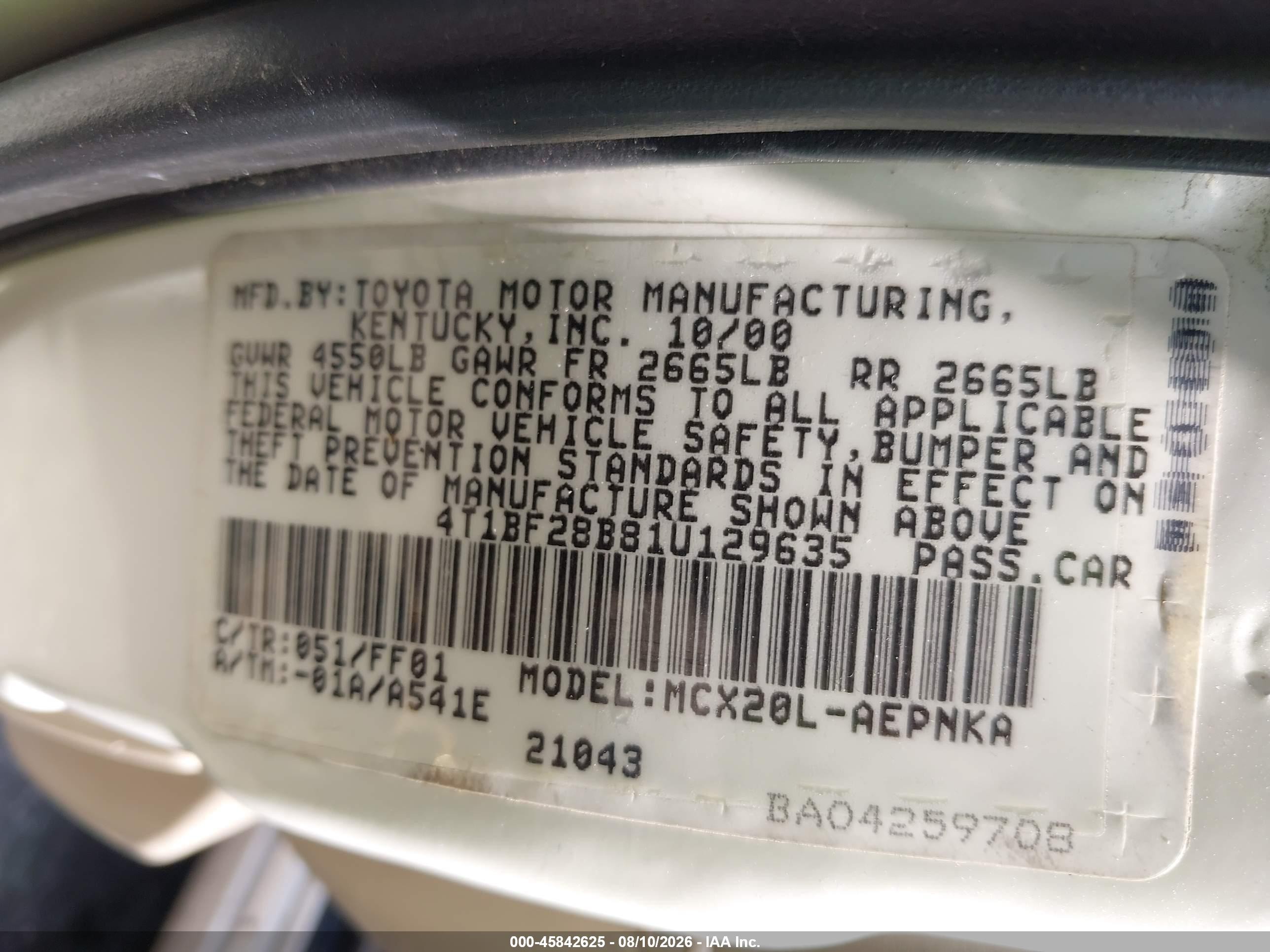 2001 Toyota Avalon Xl White vin: 4T1BF28B81U129635