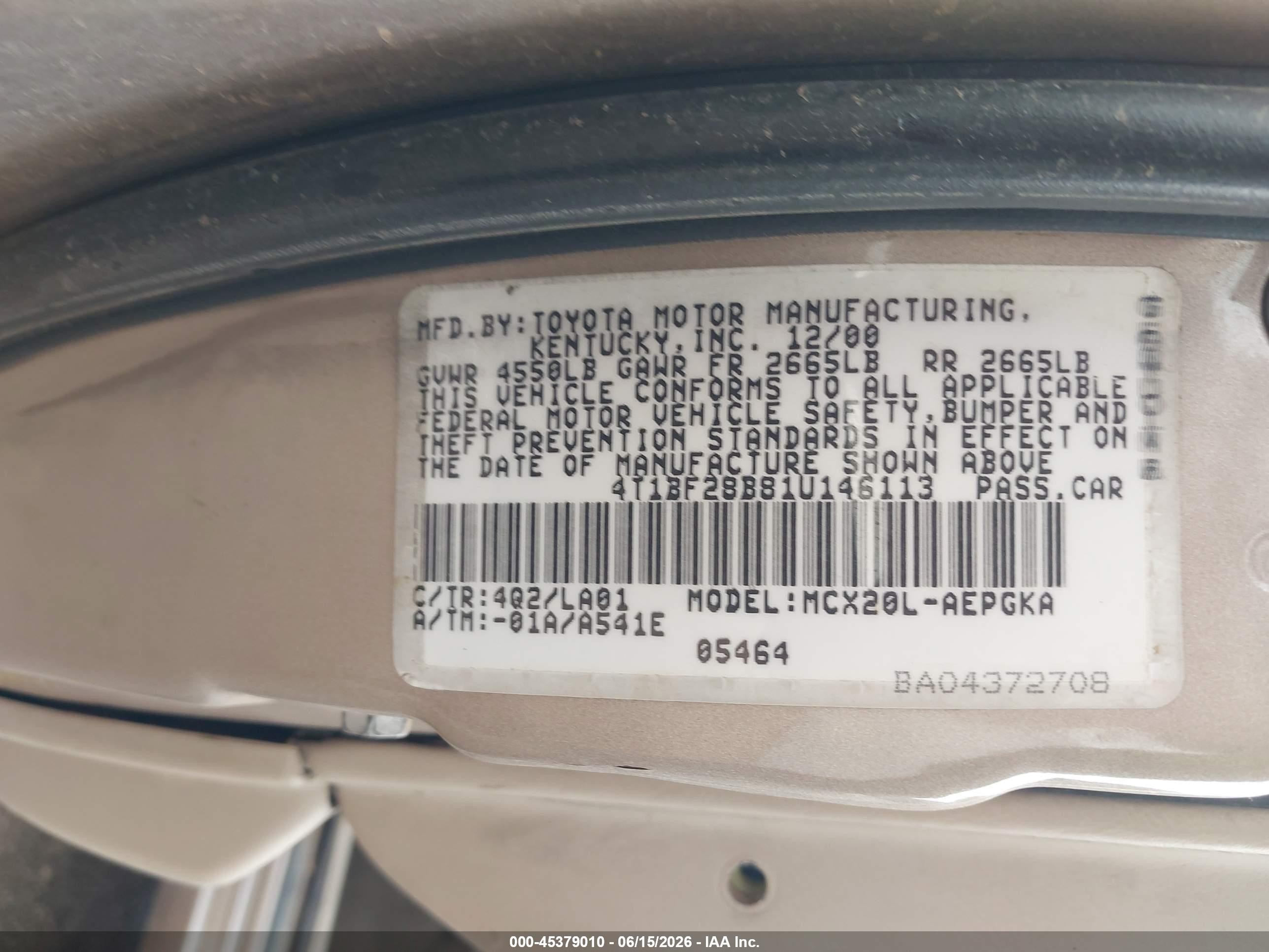 2001 Toyota Avalon Xls Gold vin: 4T1BF28B81U146113