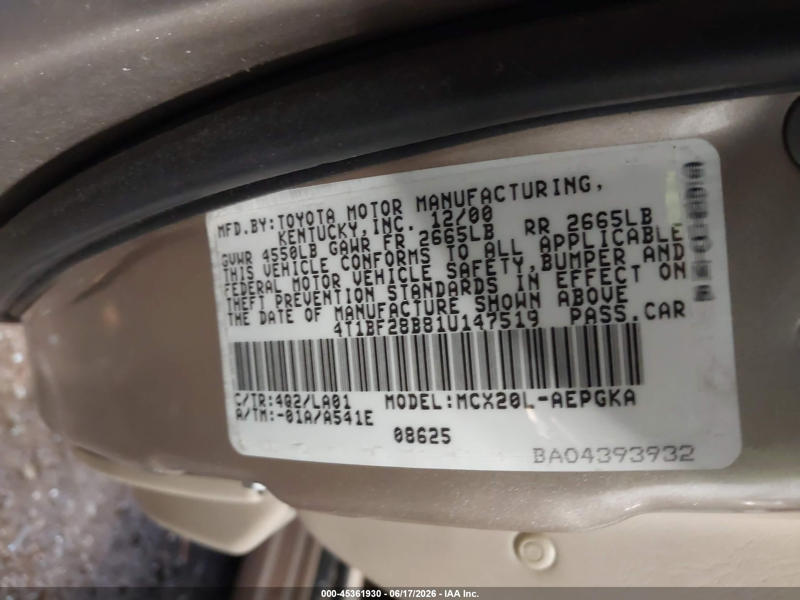 2001 Toyota Avalon Xls Beige vin: 4T1BF28B81U147519