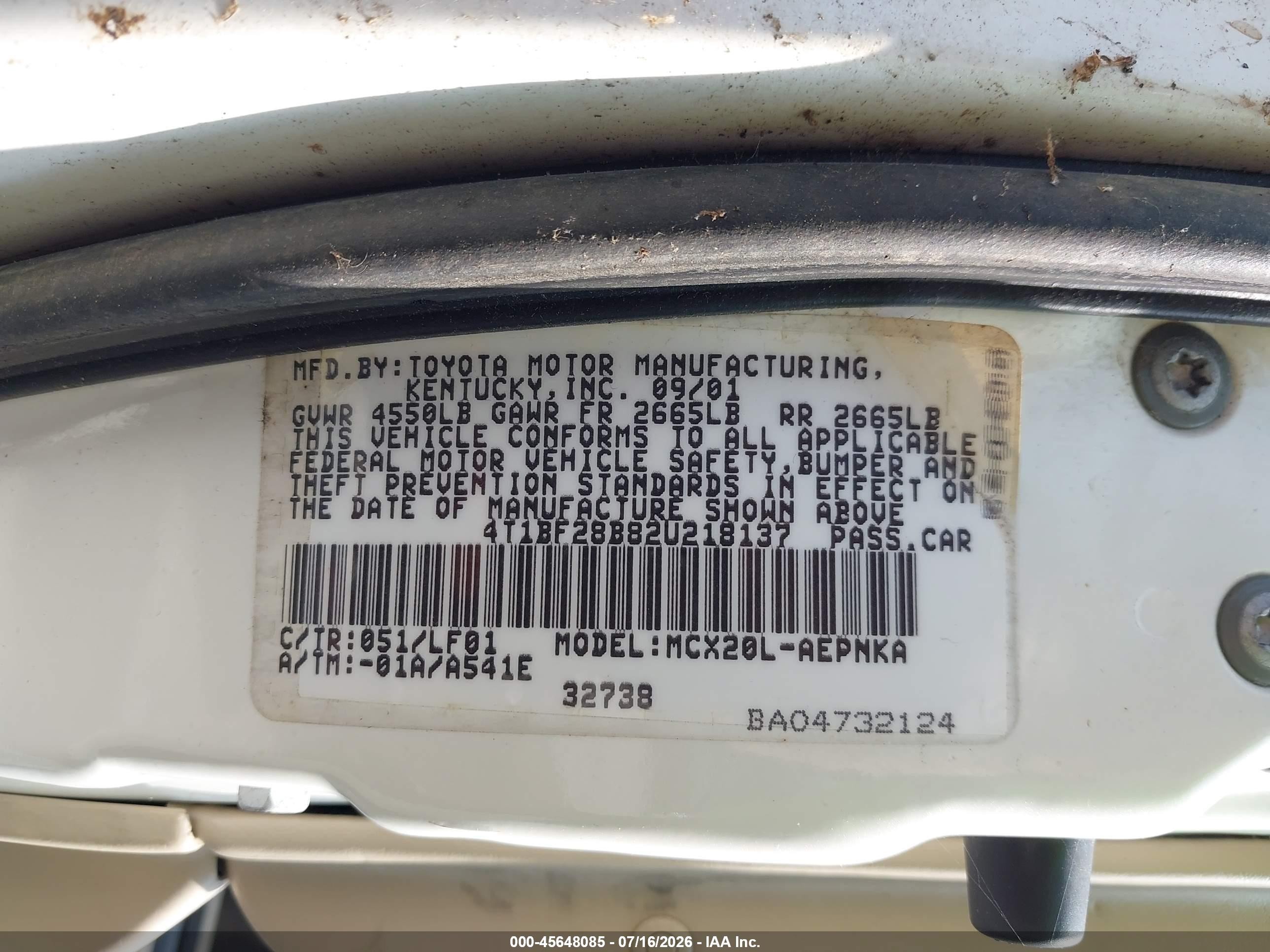 2002 Toyota Avalon Xl White vin: 4T1BF28B82U218137
