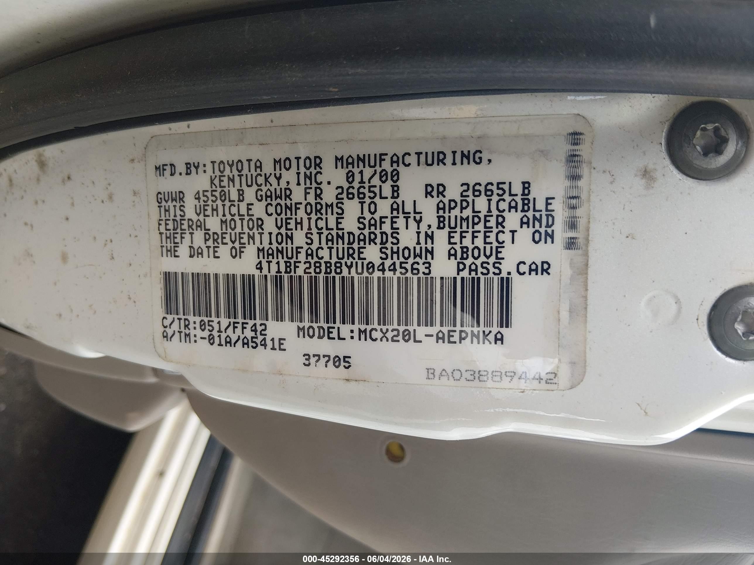 2000 Toyota Avalon Xl White vin: 4T1BF28B8YU044563