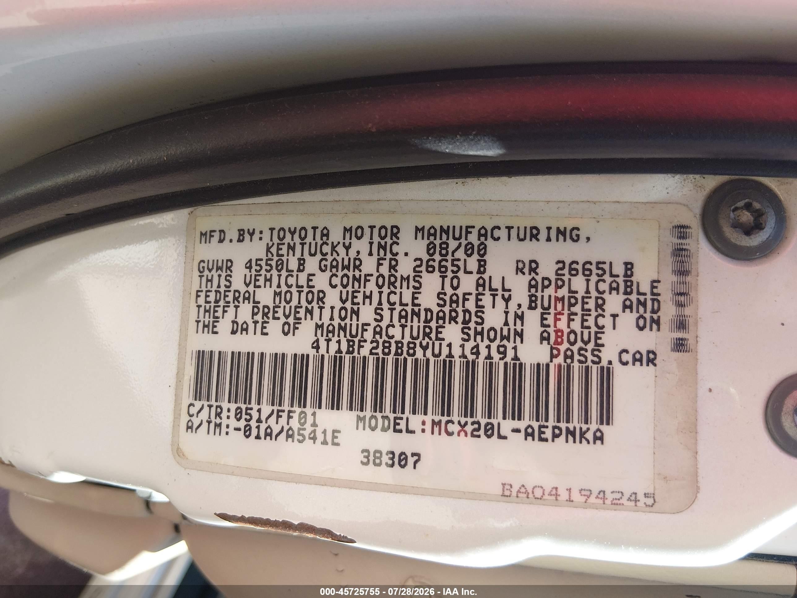 2000 Toyota Avalon Xl White vin: 4T1BF28B8YU114191