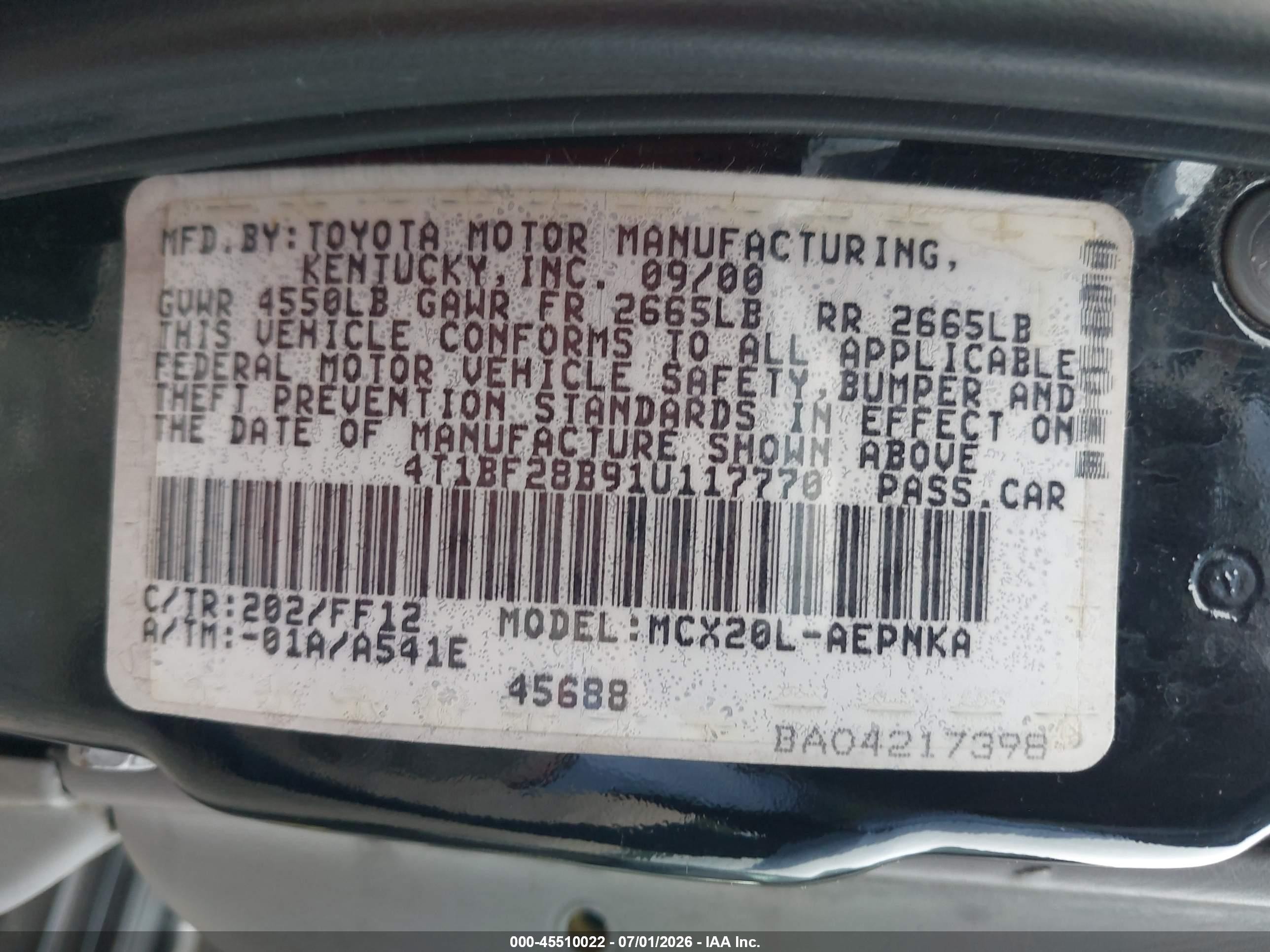 2001 Toyota Avalon Xl Черный vin: 4T1BF28B91U117770
