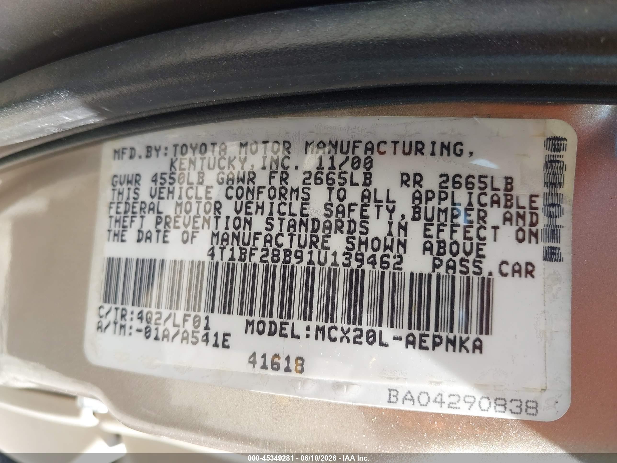 2001 Toyota Avalon Xl Gold vin: 4T1BF28B91U139462