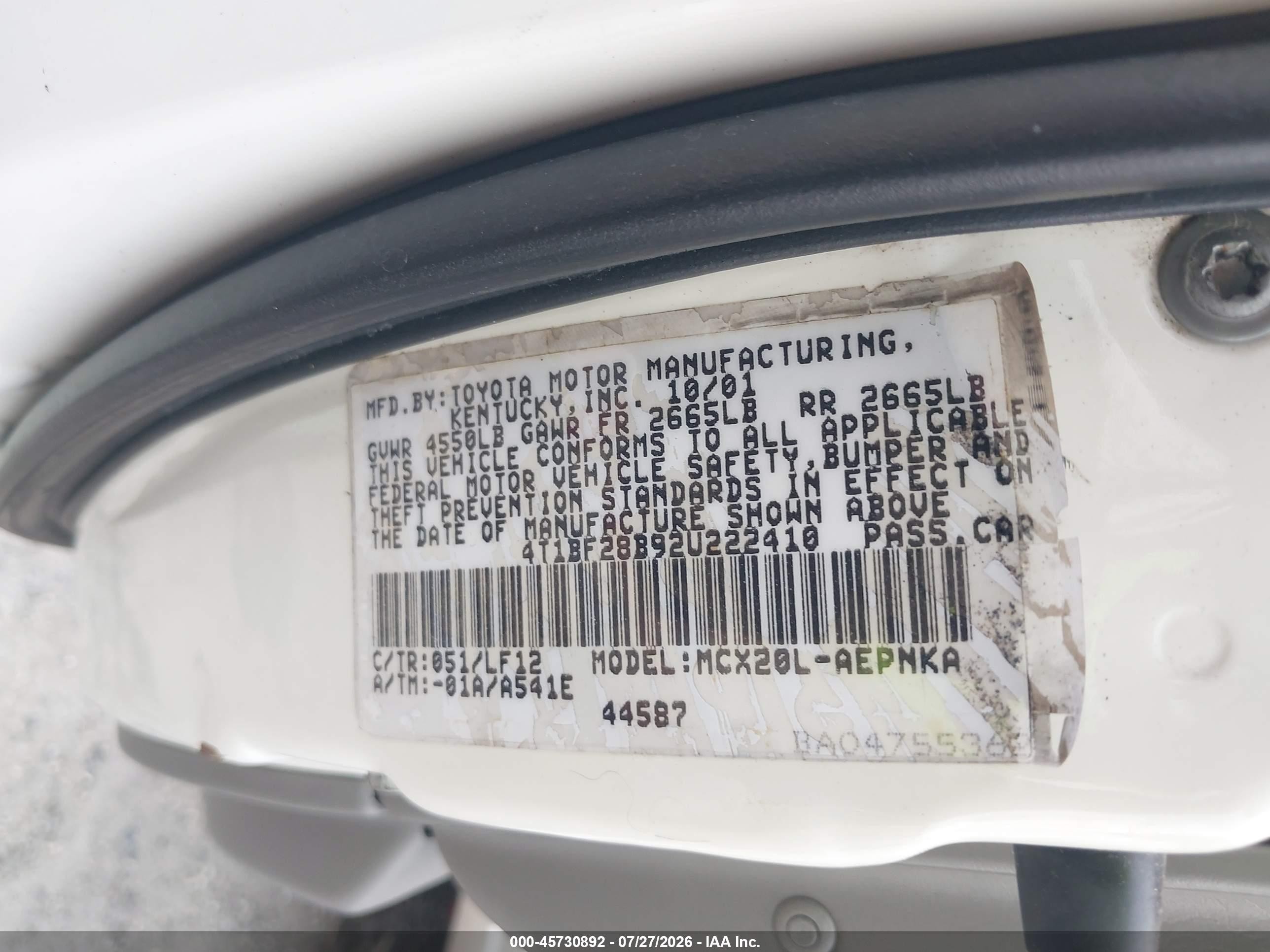 2002 Toyota Avalon Xl White vin: 4T1BF28B92U222410