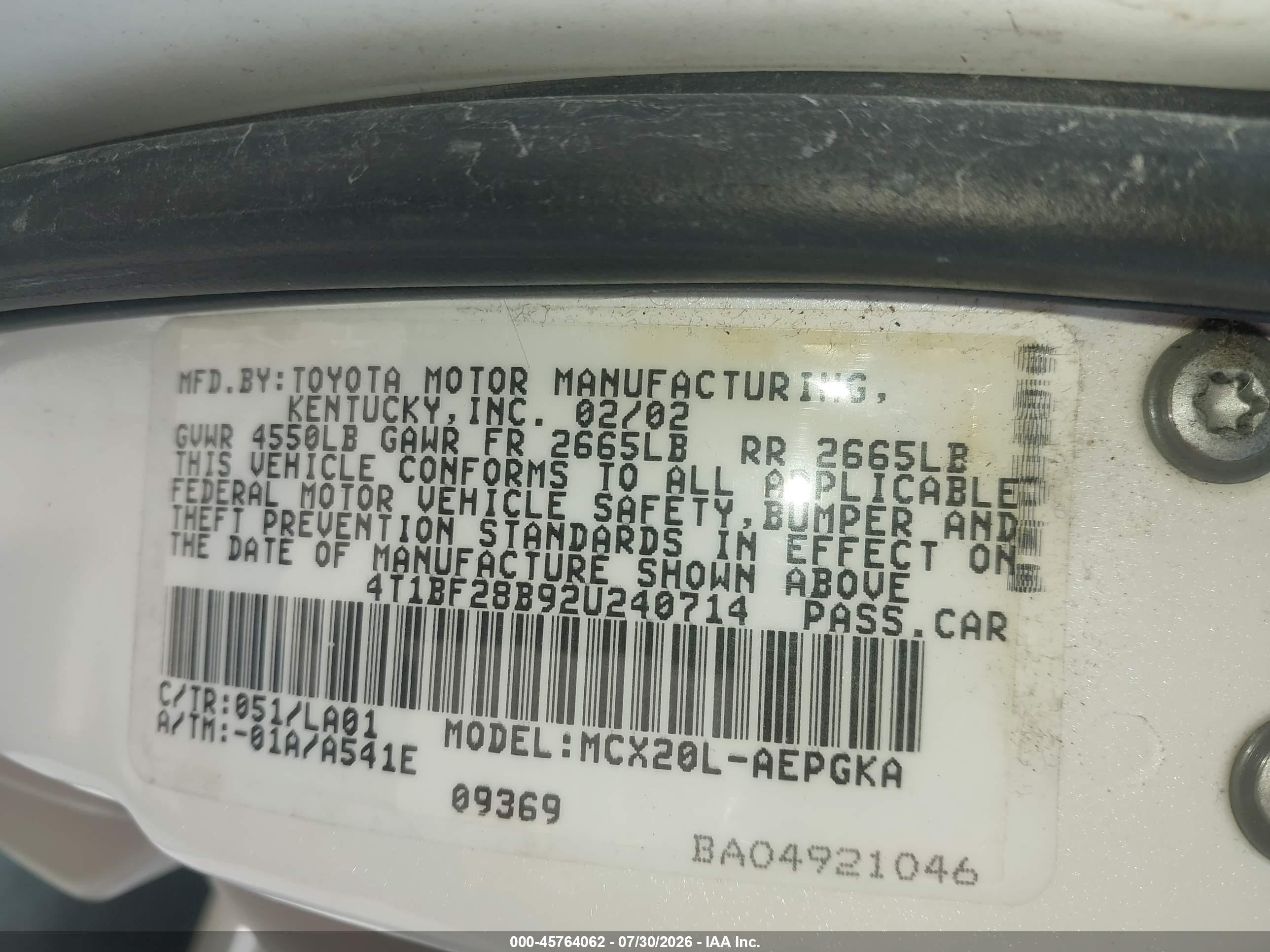 2002 Toyota Avalon Xl/xls White vin: 4T1BF28B92U240714