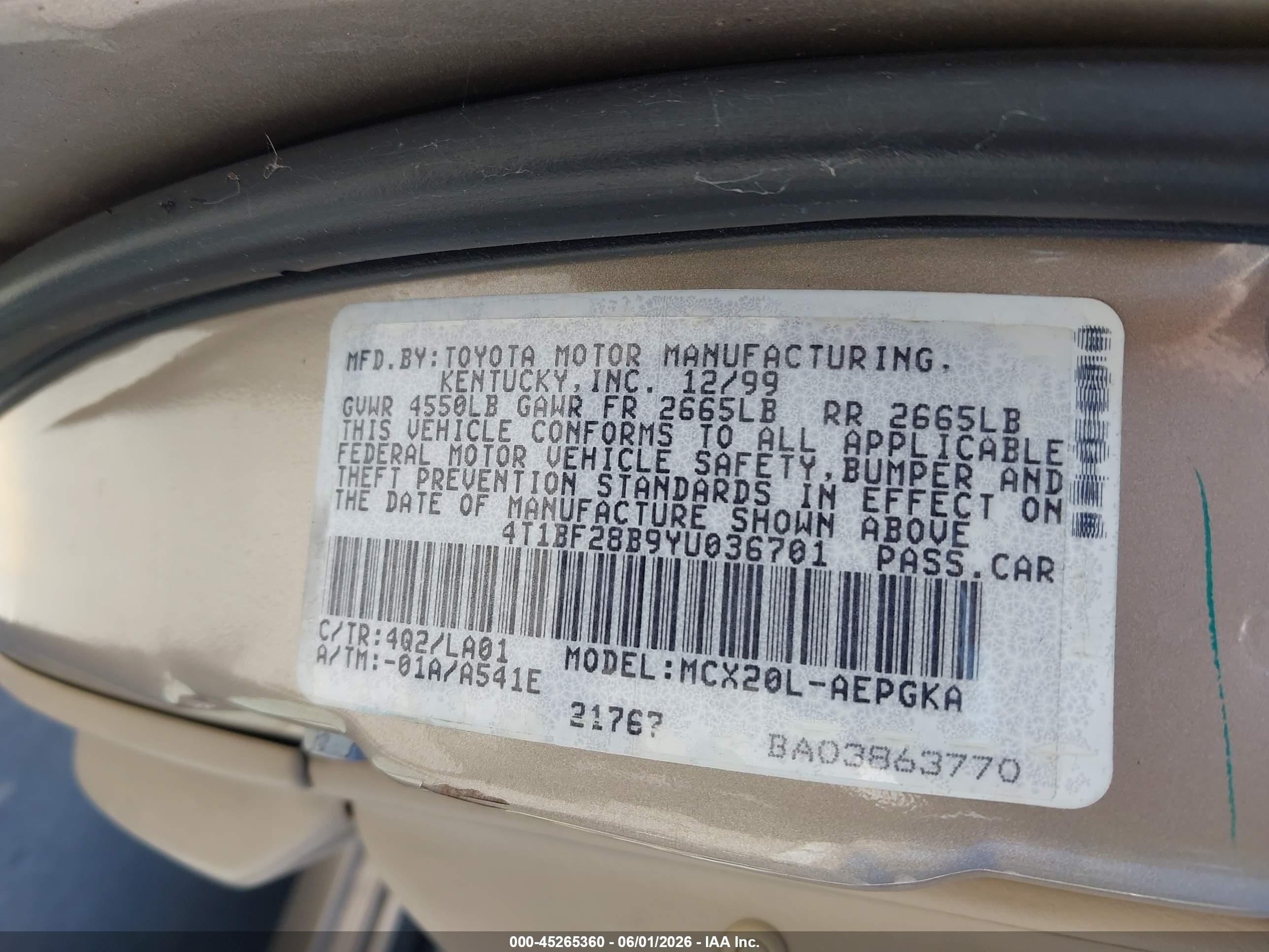2000 Toyota Avalon Xls Beige vin: 4T1BF28B9YU036701