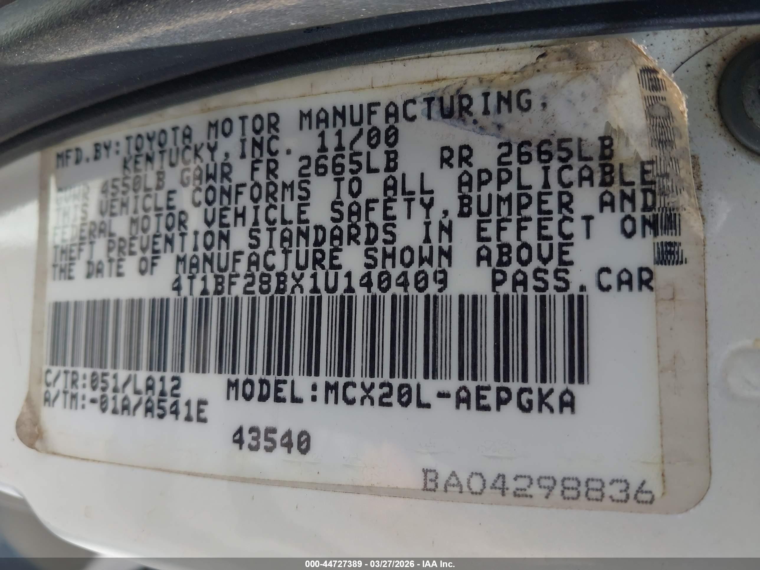 2001 Toyota Avalon Xls White vin: 4T1BF28BX1U140409