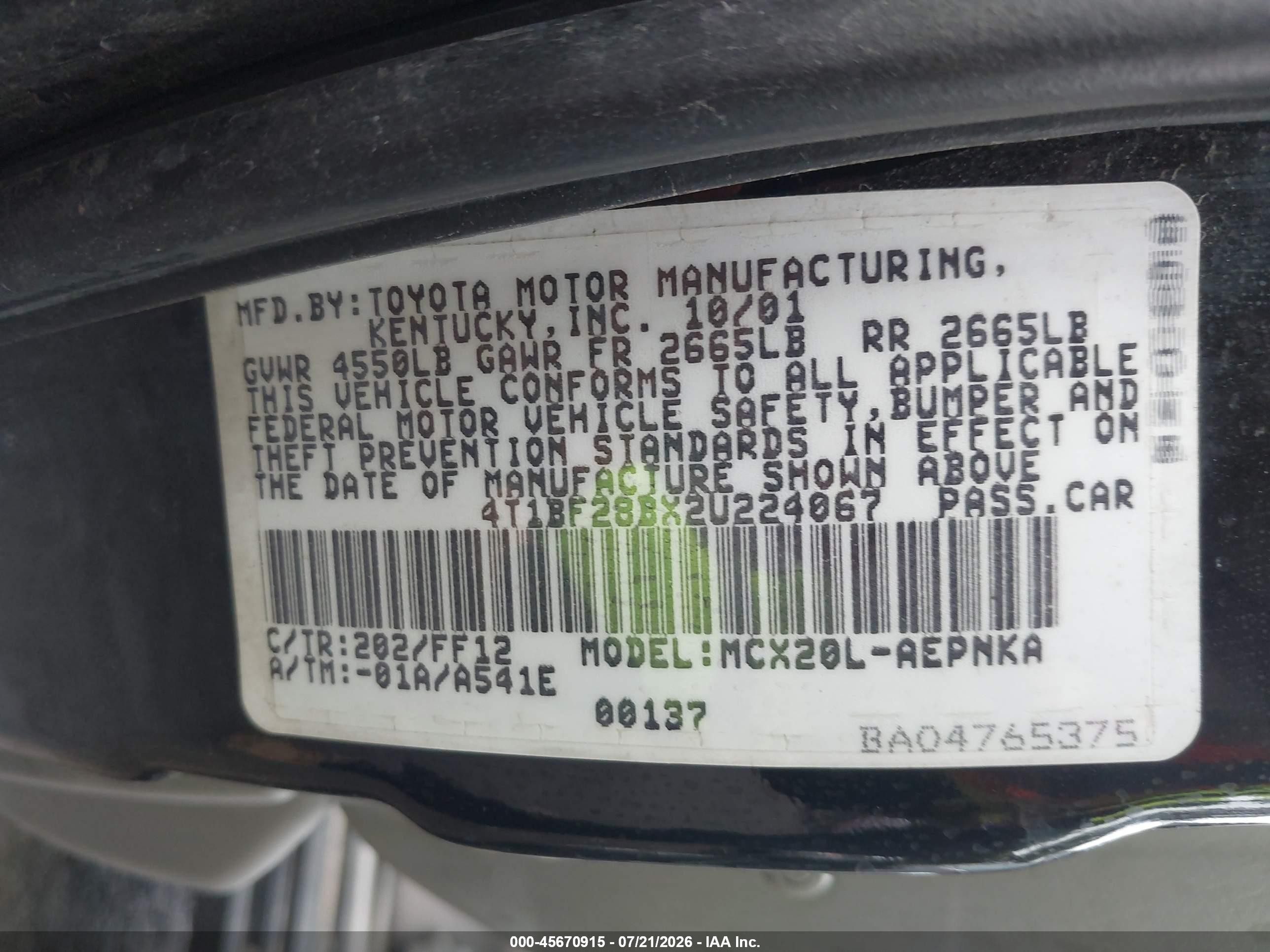 2002 Toyota Avalon Xl Black vin: 4T1BF28BX2U224067