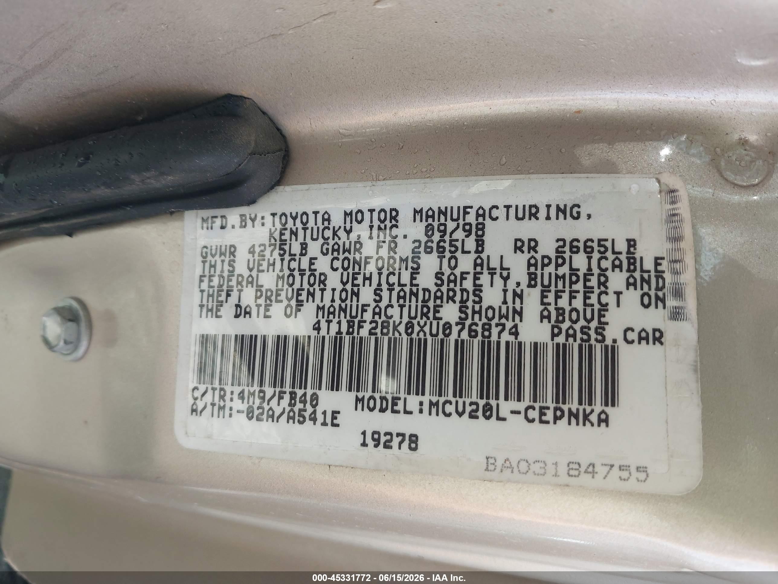 1999 Toyota Camry Le V6 Beige vin: 4T1BF28K0XU076874