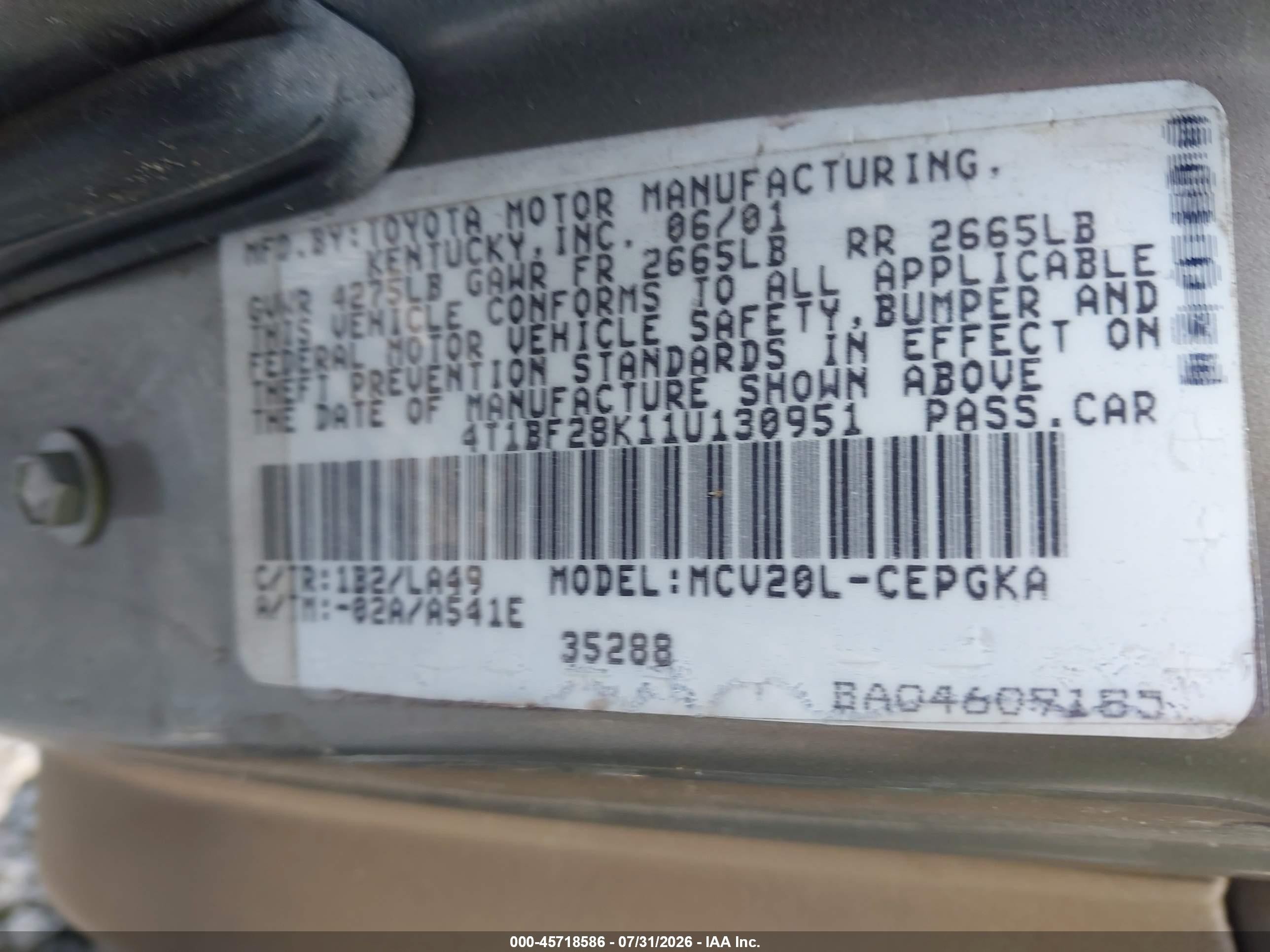 2001 Toyota Camry Xle V6 Tan vin: 4T1BF28K11U130951