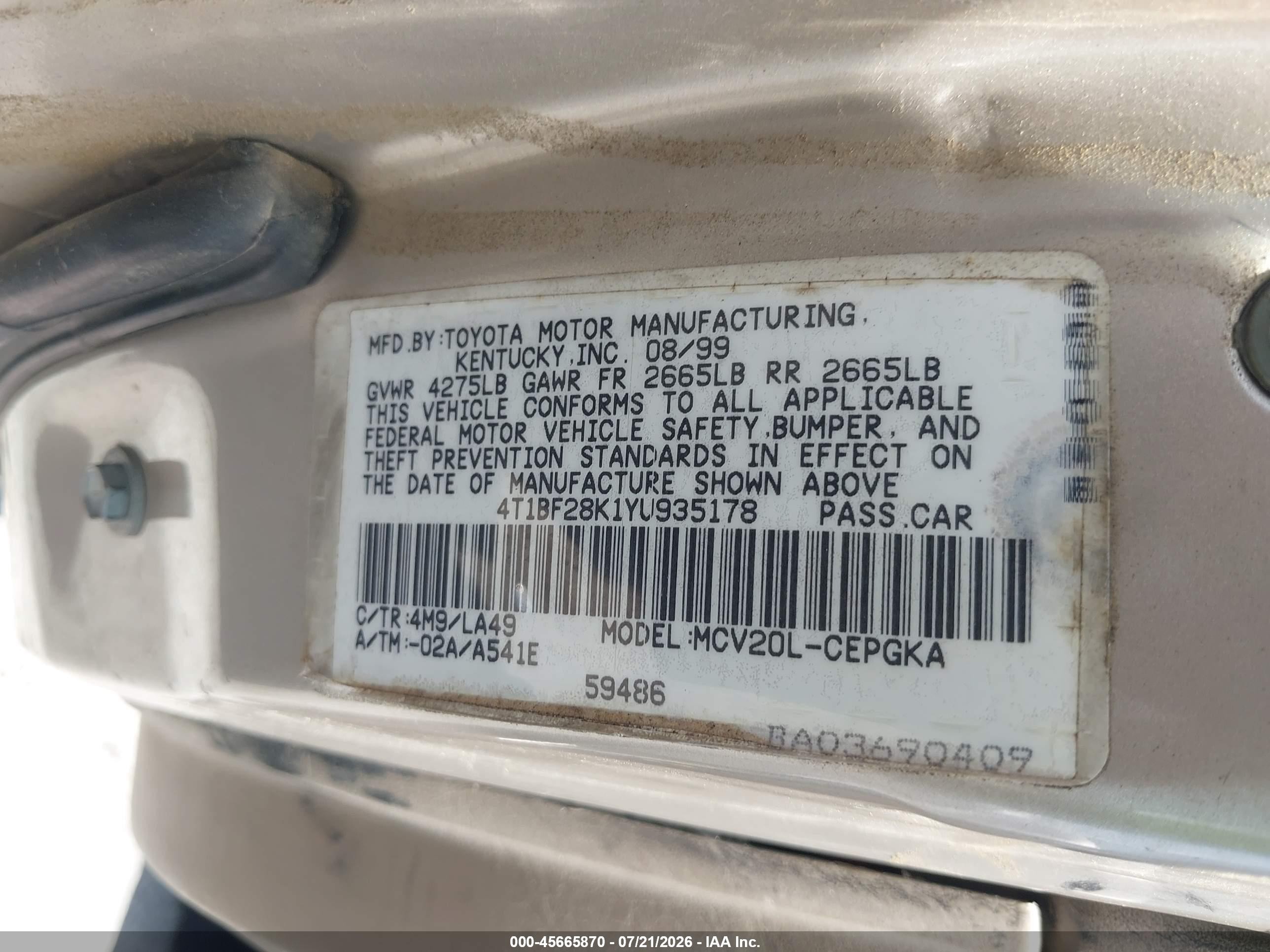 2000 Toyota Camry Xle V6 Silver vin: 4T1BF28K1YU935178