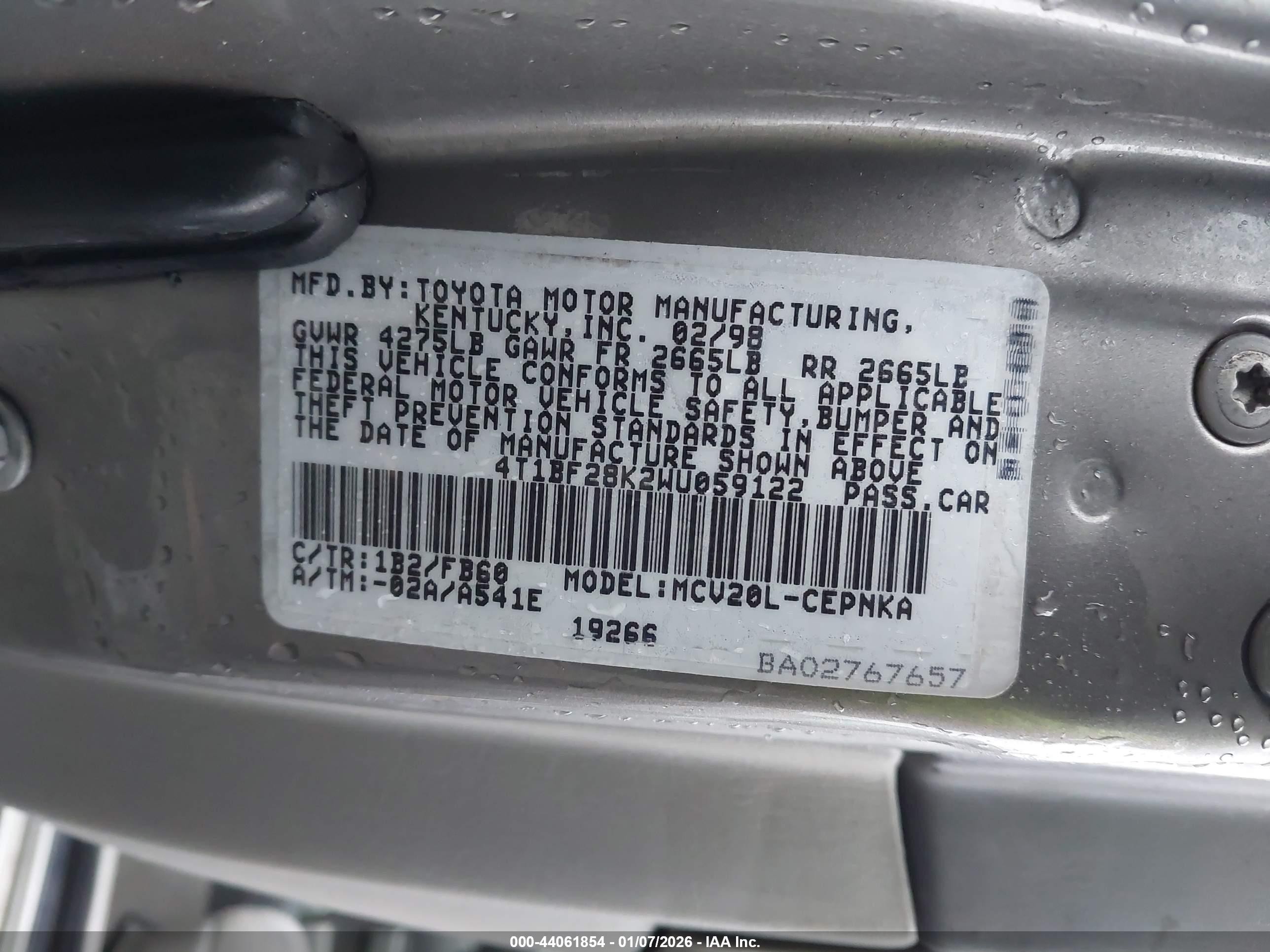 1998 Toyota Camry Le V6 Gray vin: 4T1BF28K2WU059122