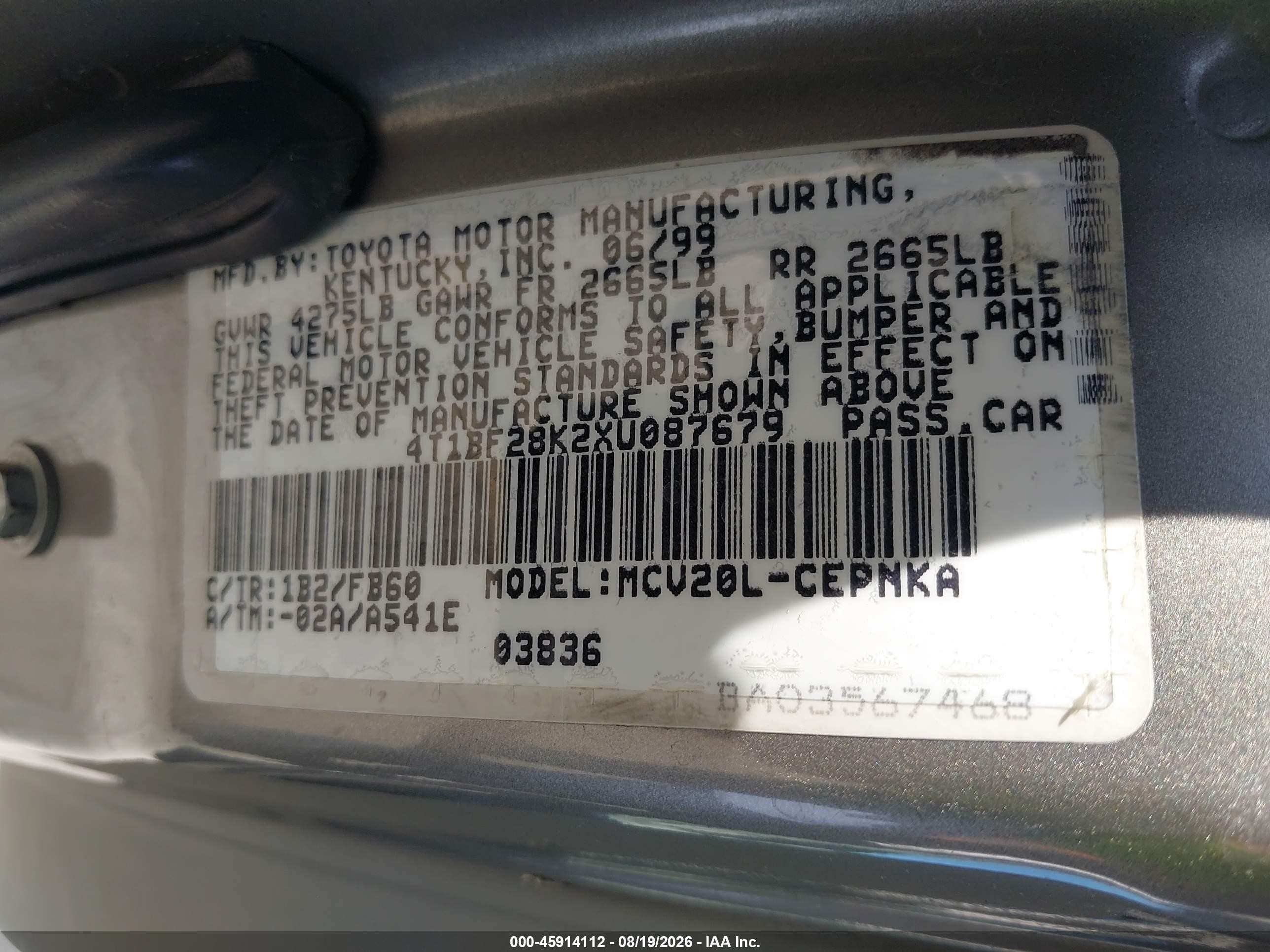1999 Toyota Camry Le V6 Silver vin: 4T1BF28K2XU087679