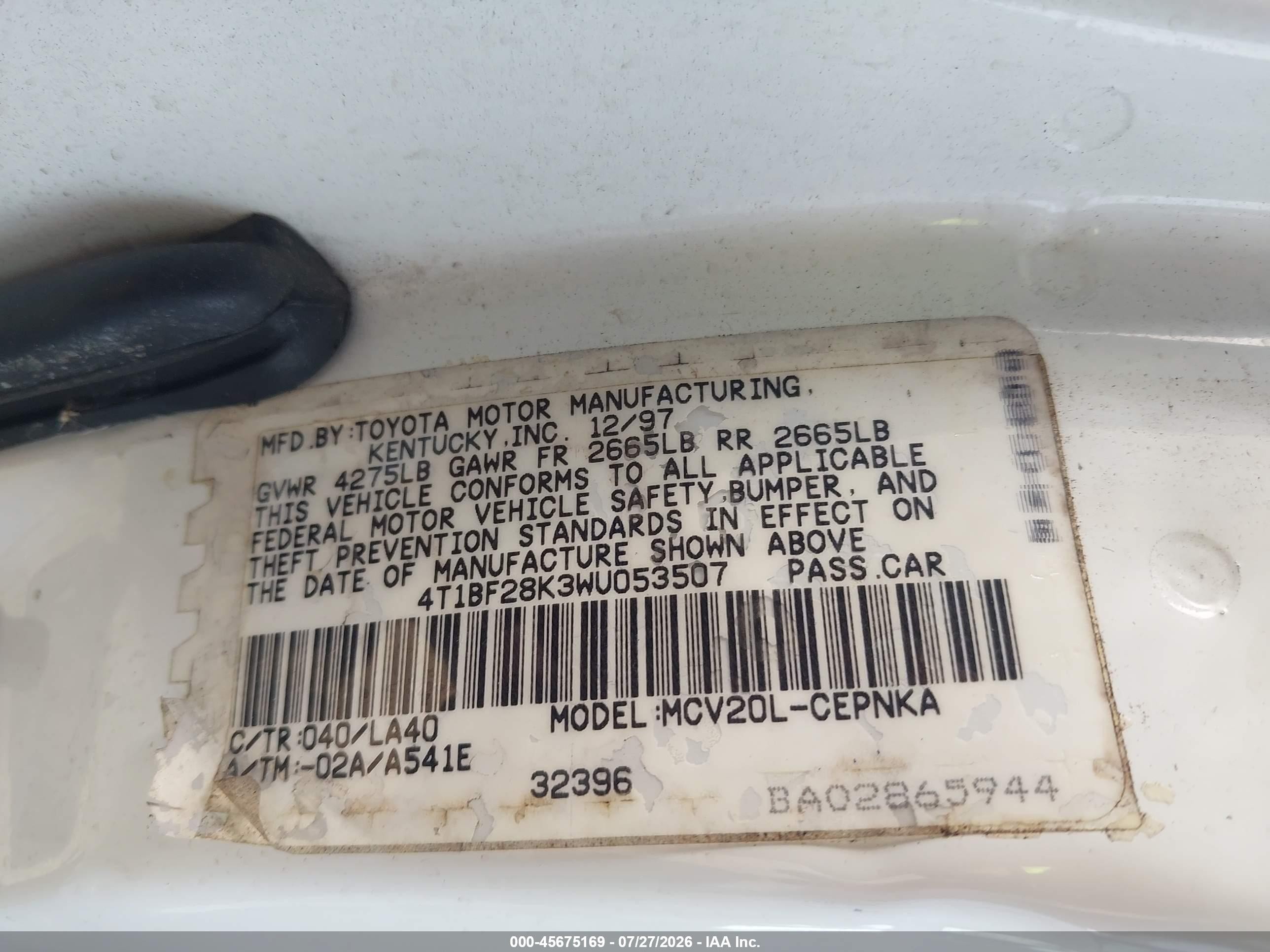 1998 Toyota Camry Le V6 White vin: 4T1BF28K3WU053507