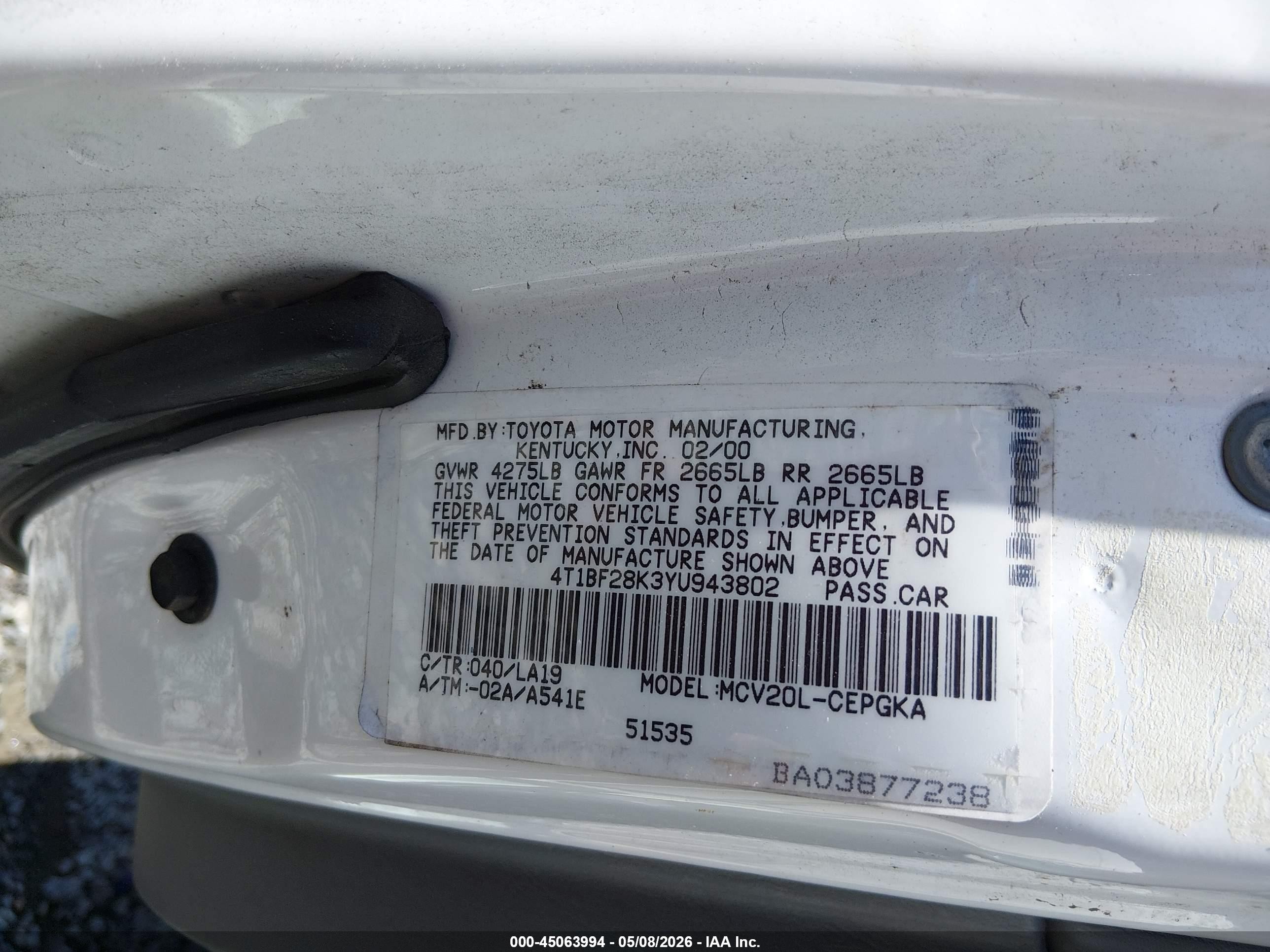 2000 Toyota Camry Xle V6 Белый vin: 4T1BF28K3YU943802