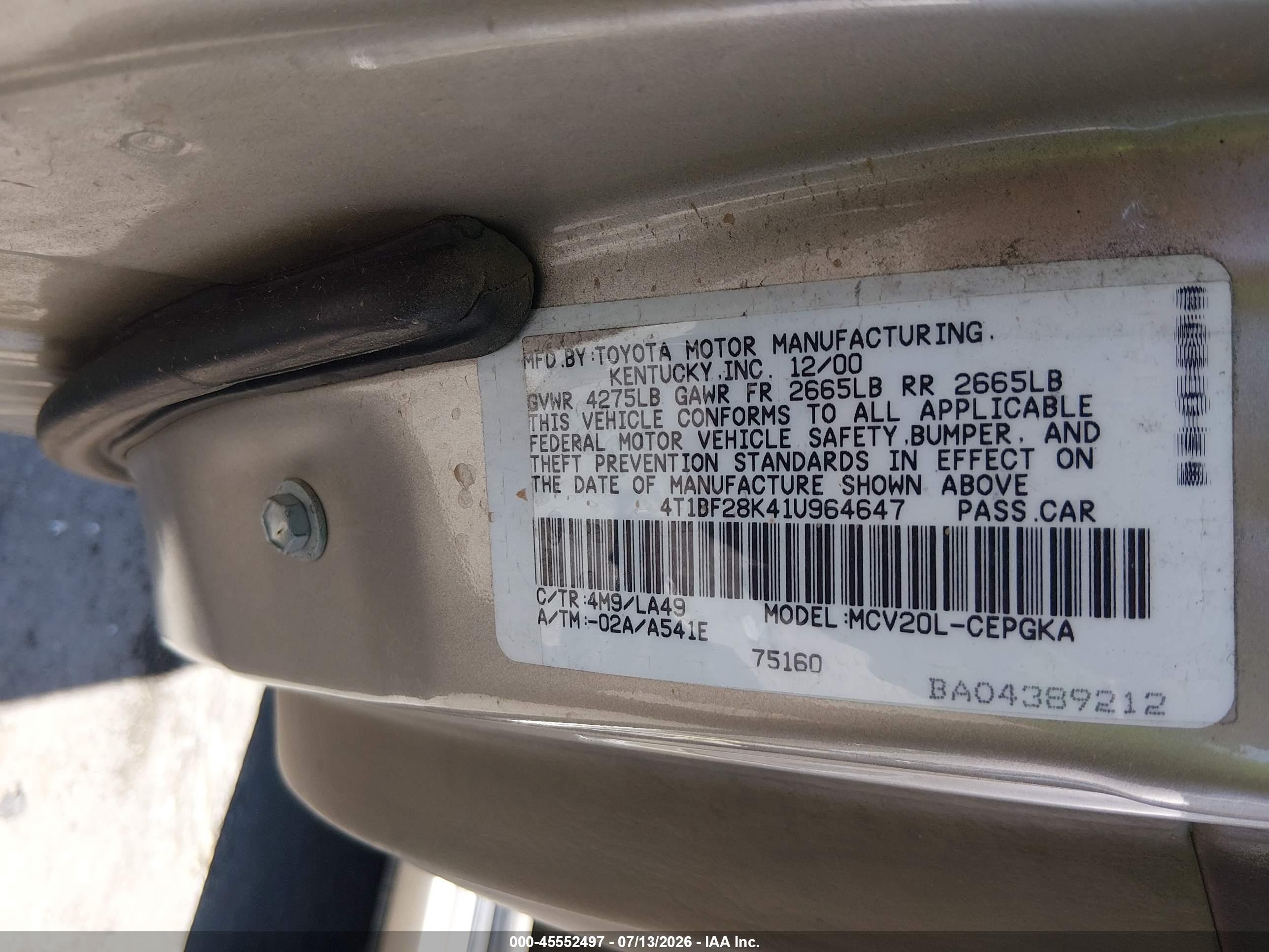 2001 Toyota Camry Xle V6 Gold vin: 4T1BF28K41U964647