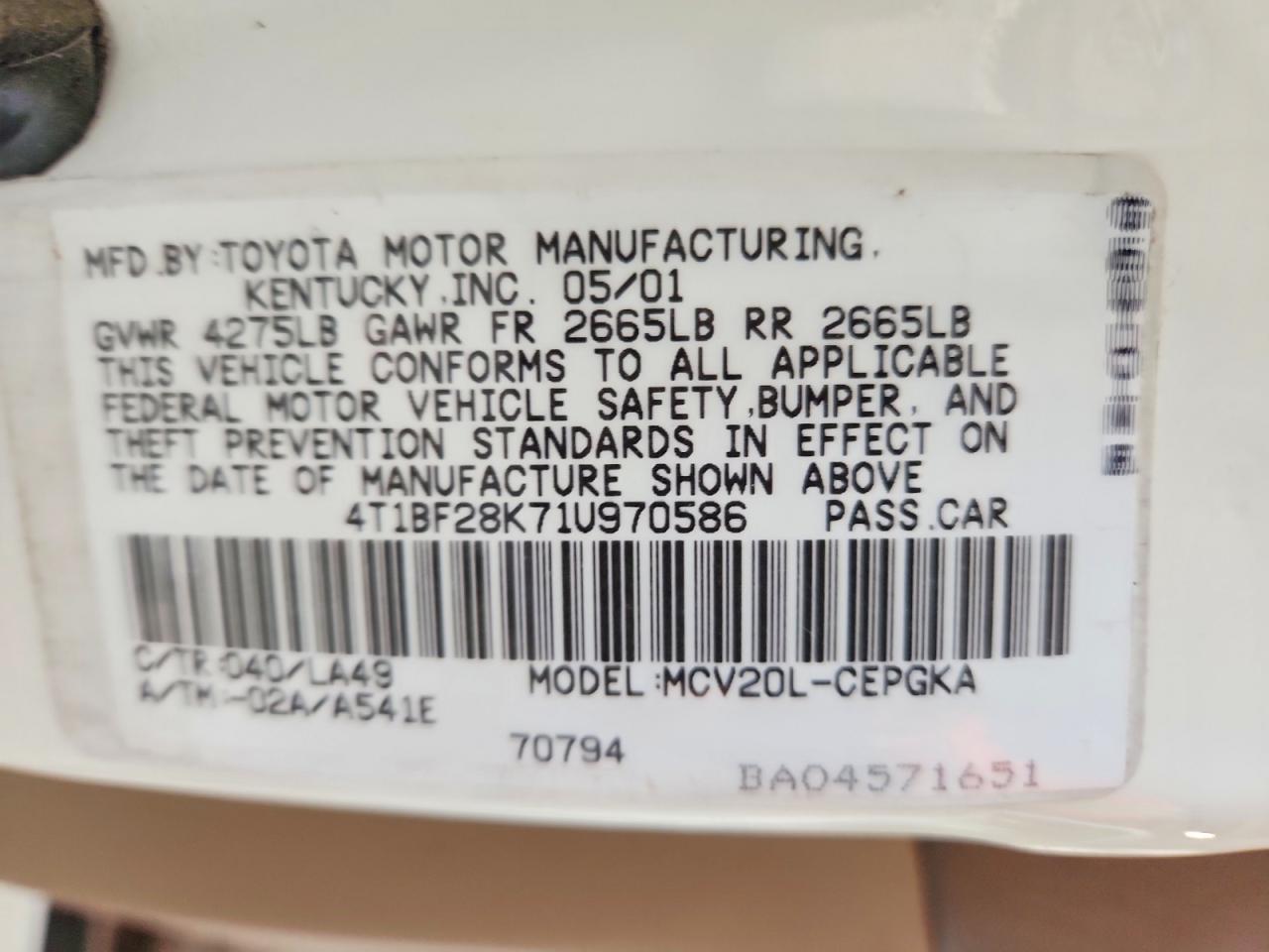 2001 Toyota Camry Xle V6 Two Tone vin: 4T1BF28K71U970586