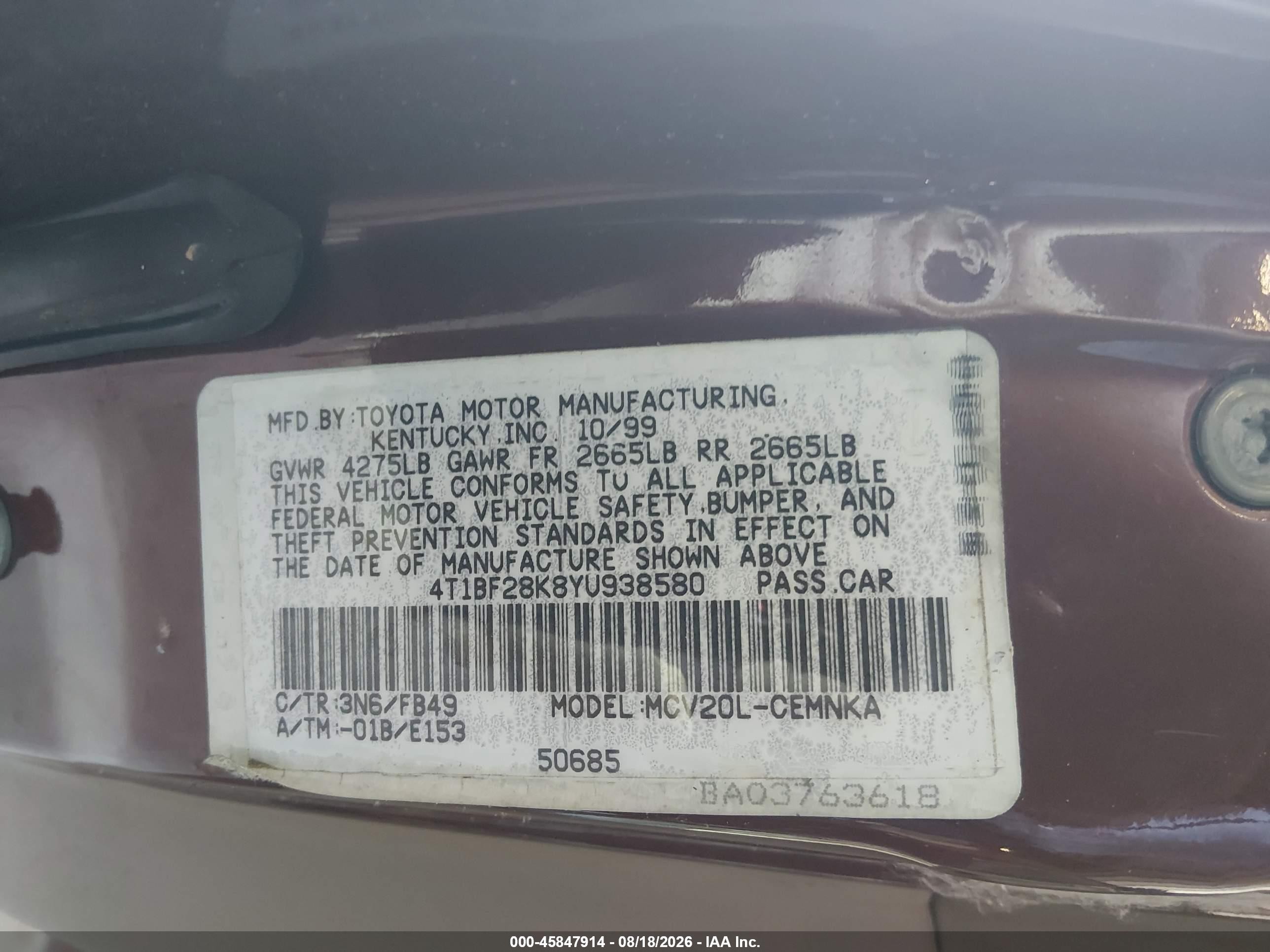 2000 Toyota Camry Le V6 Бордовый vin: 4T1BF28K8YU938580