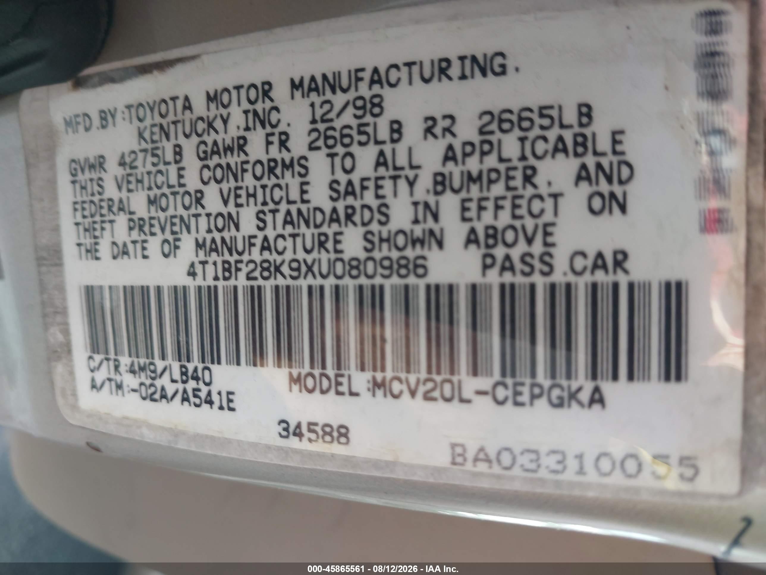 1999 Toyota Camry Xle V6 Бежевый vin: 4T1BF28K9XU080986
