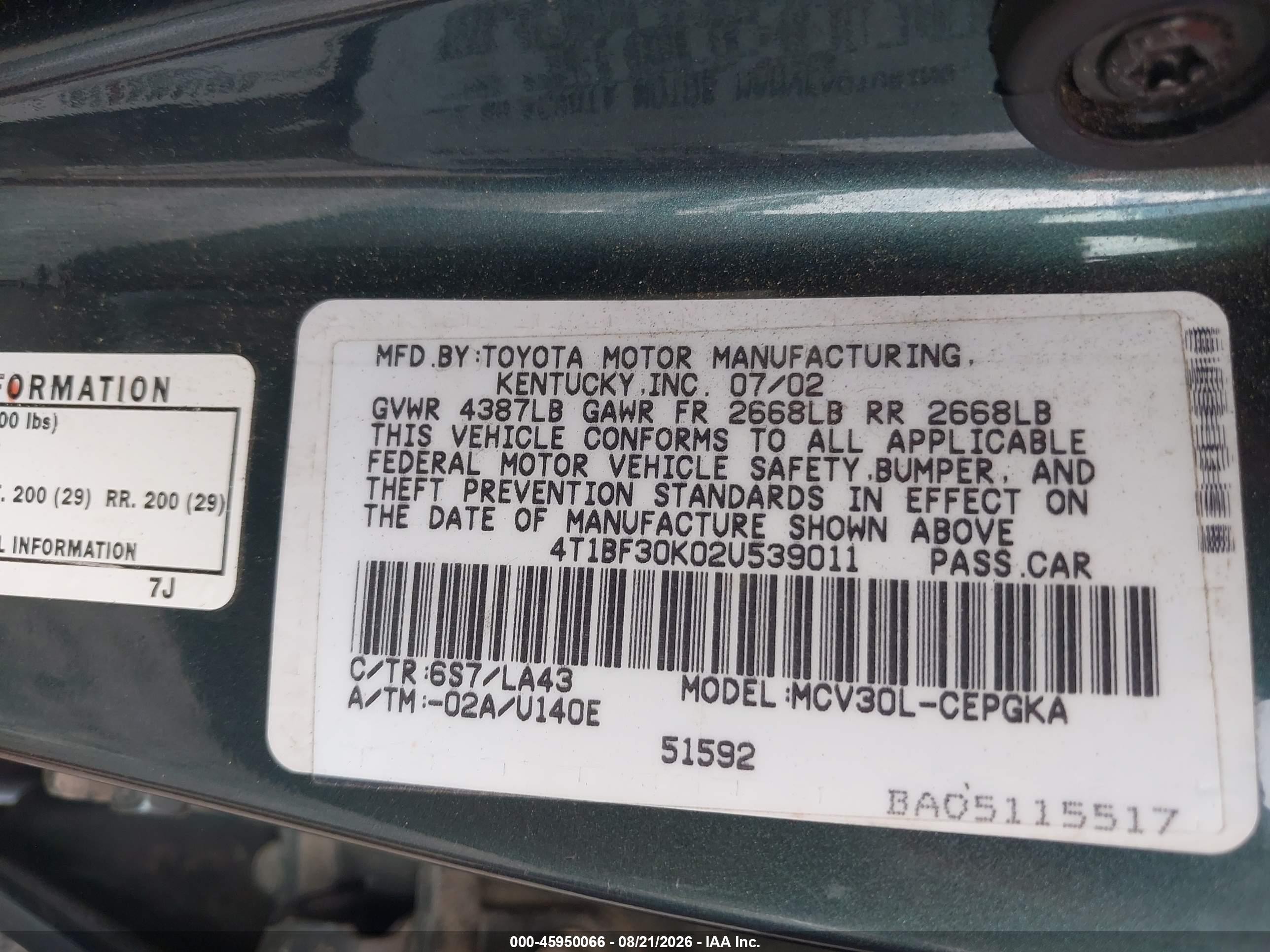 2002 Toyota Camry Xle V6 Green vin: 4T1BF30K02U539011